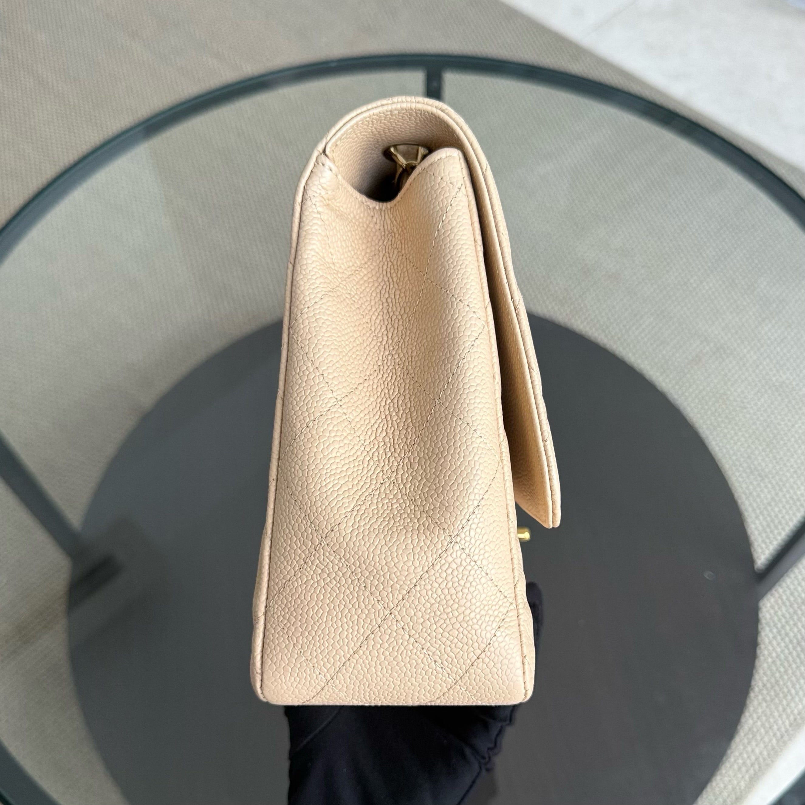 Chanel Classic Flap Jumbo - Caviar 30CM Single Flap Quilted Beige Gold Hardware Series 12