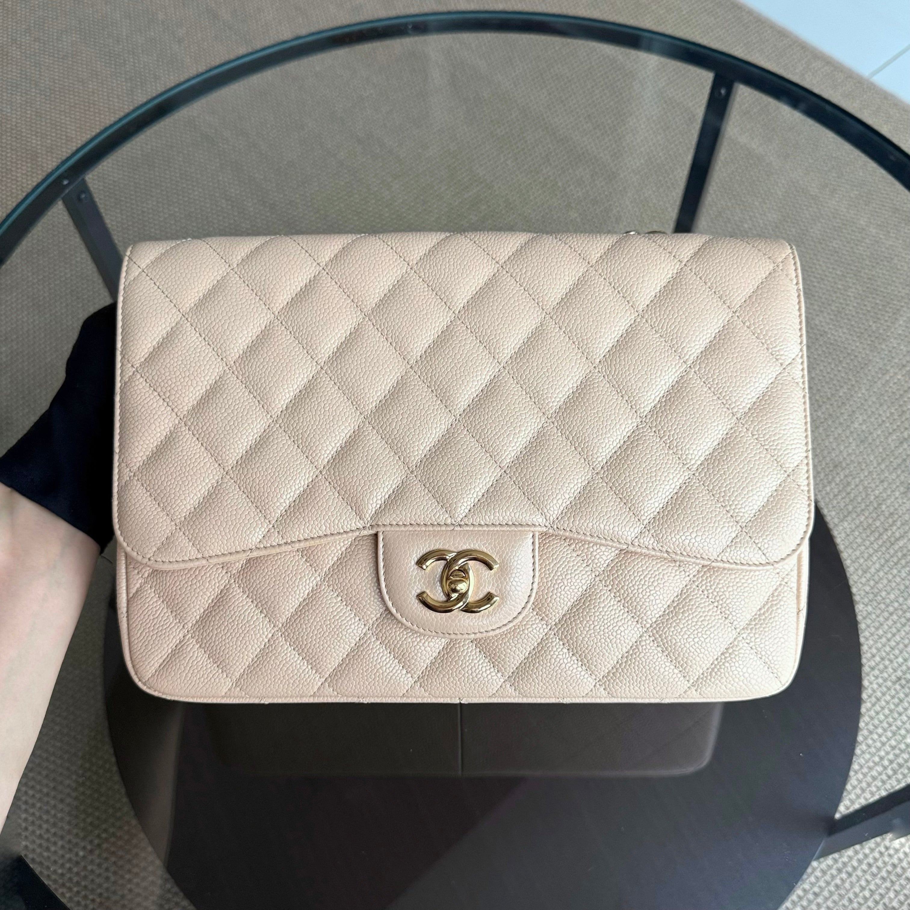 Chanel Classic Flap Jumbo - Caviar Quilted Grained Calfskin Light Beige Gold Hardware Series 13