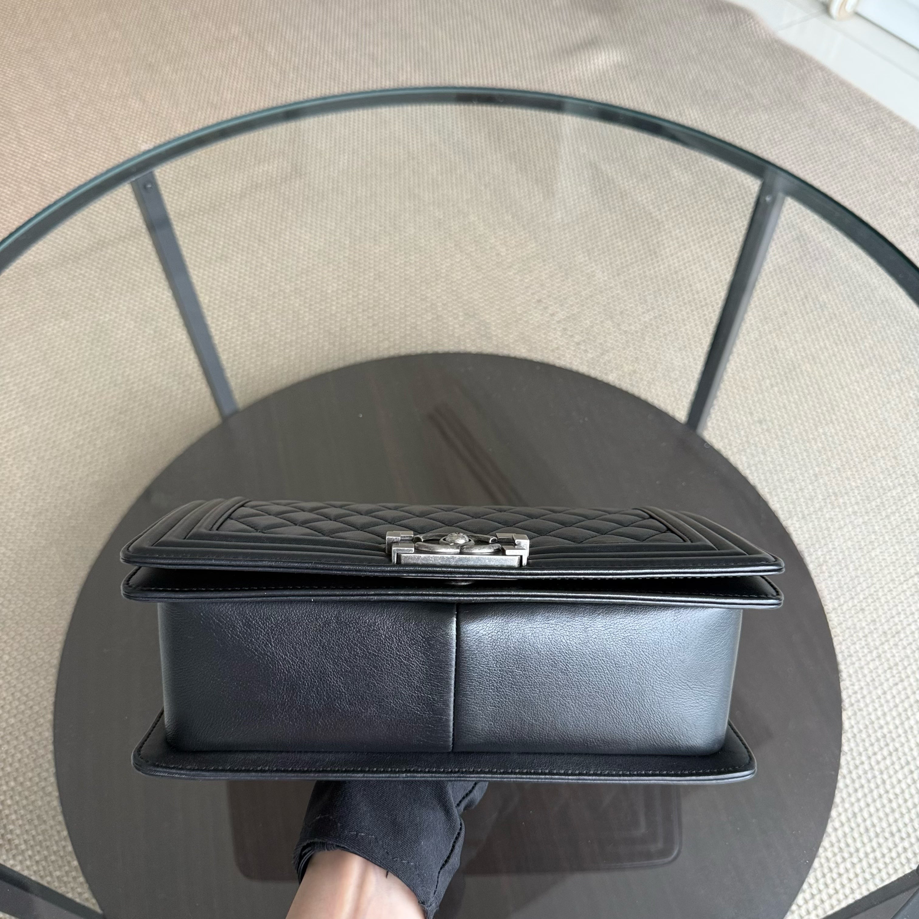 Chanel Boy Medium - Grained Calfskin 25CM Quilted Black Ruthenium Silver Hardware Series 24