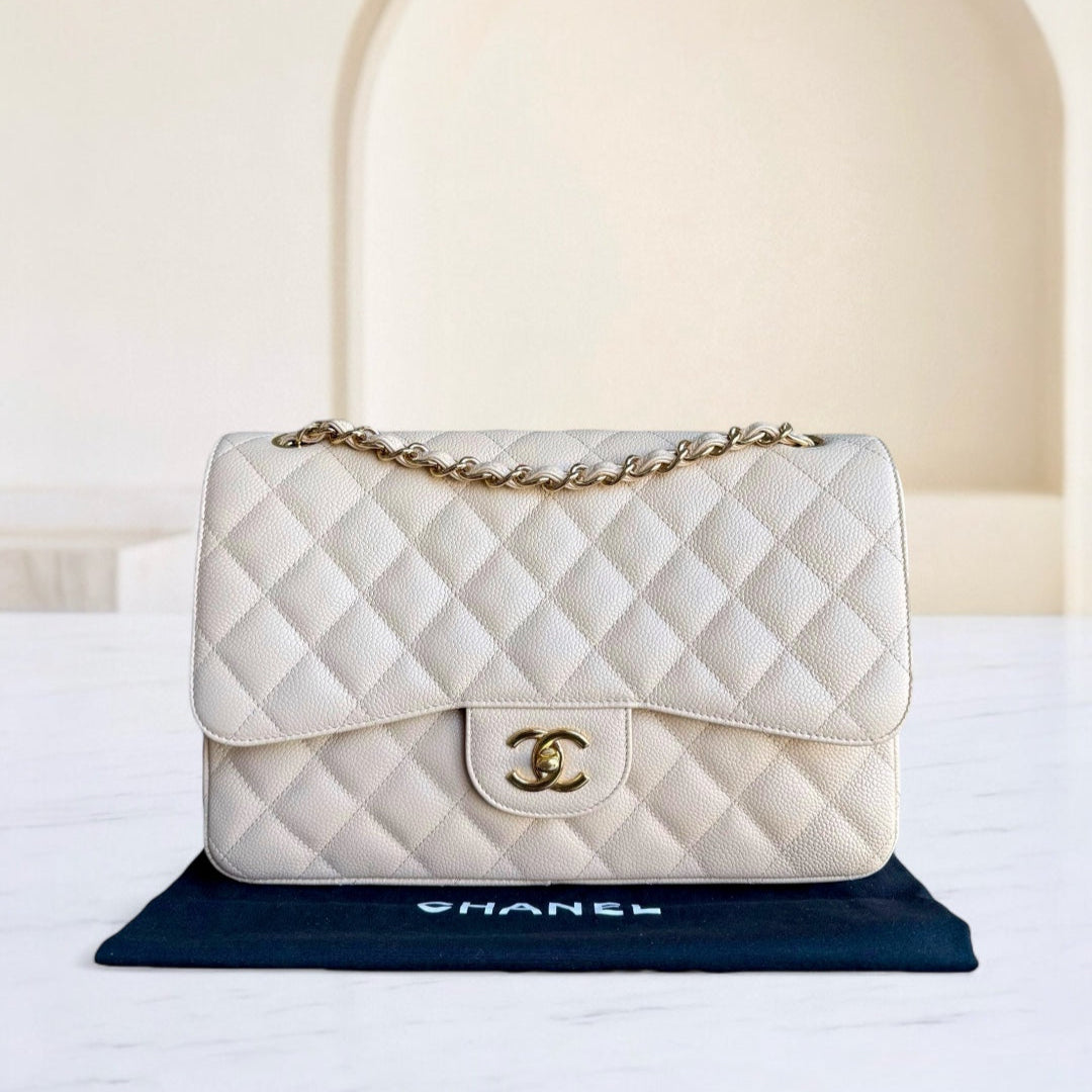Chanel Classic Flap Jumbo - Caviar Quilted Double Flap Light Beige Gold Hardware