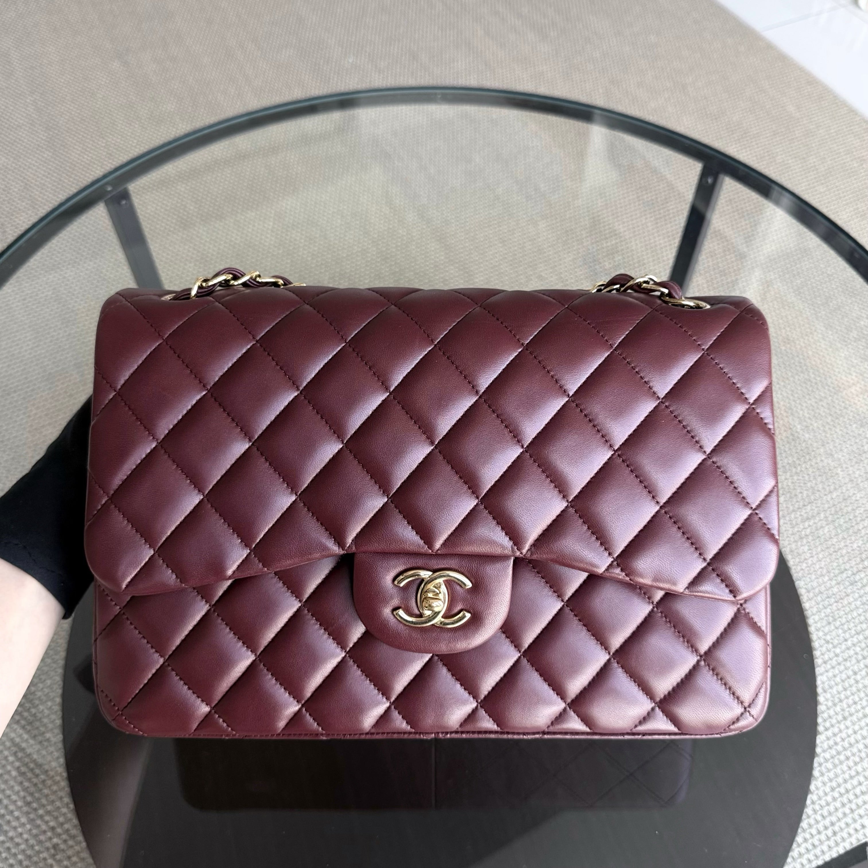 Chanel Classic Flap Jumbo - Double Flap 30CM Quilted Lambskin Burgundy Dark Red Gold Hardware Series 21