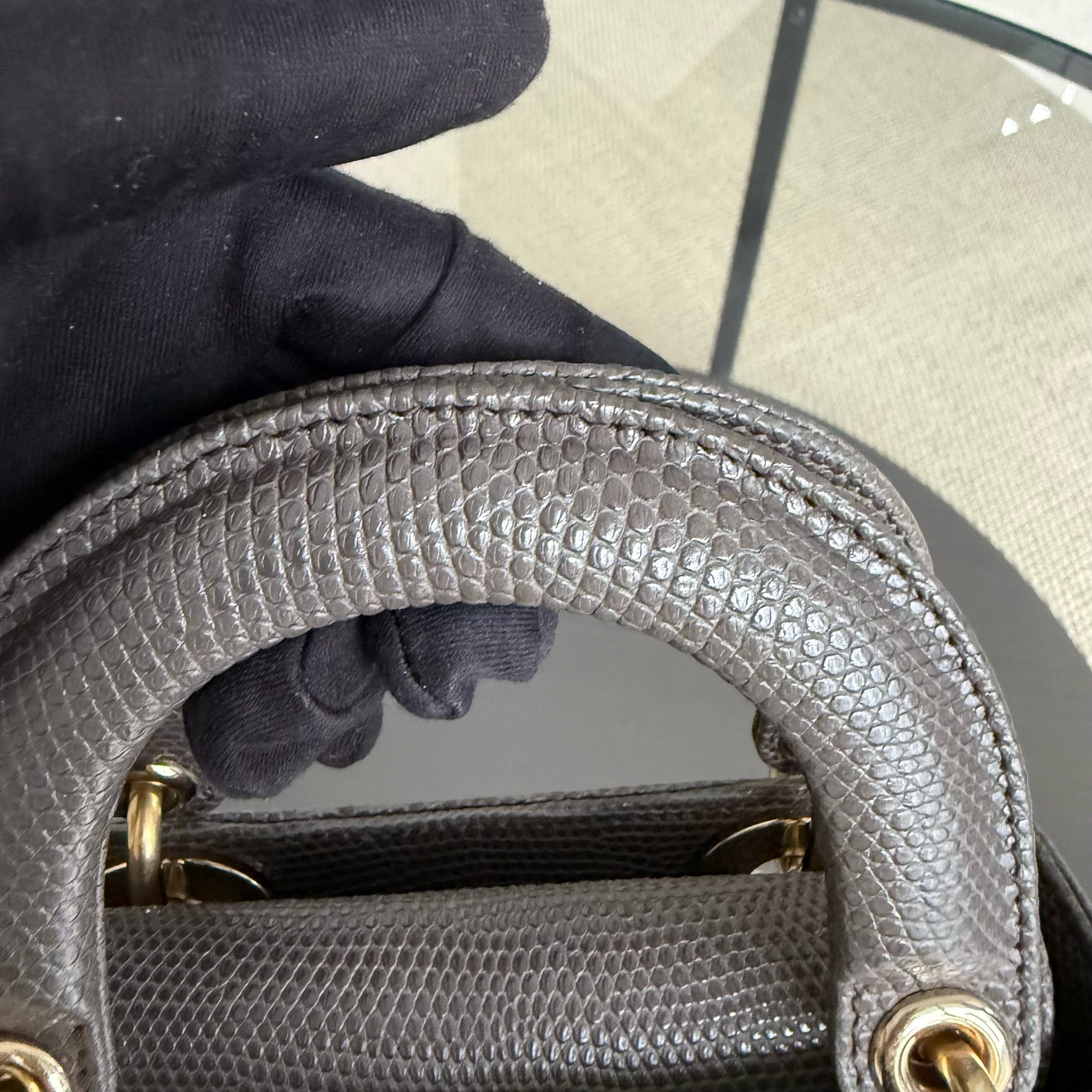 Dior Lady Mini - Exotic Lizard Dark Gray Grey color Gold Hardware