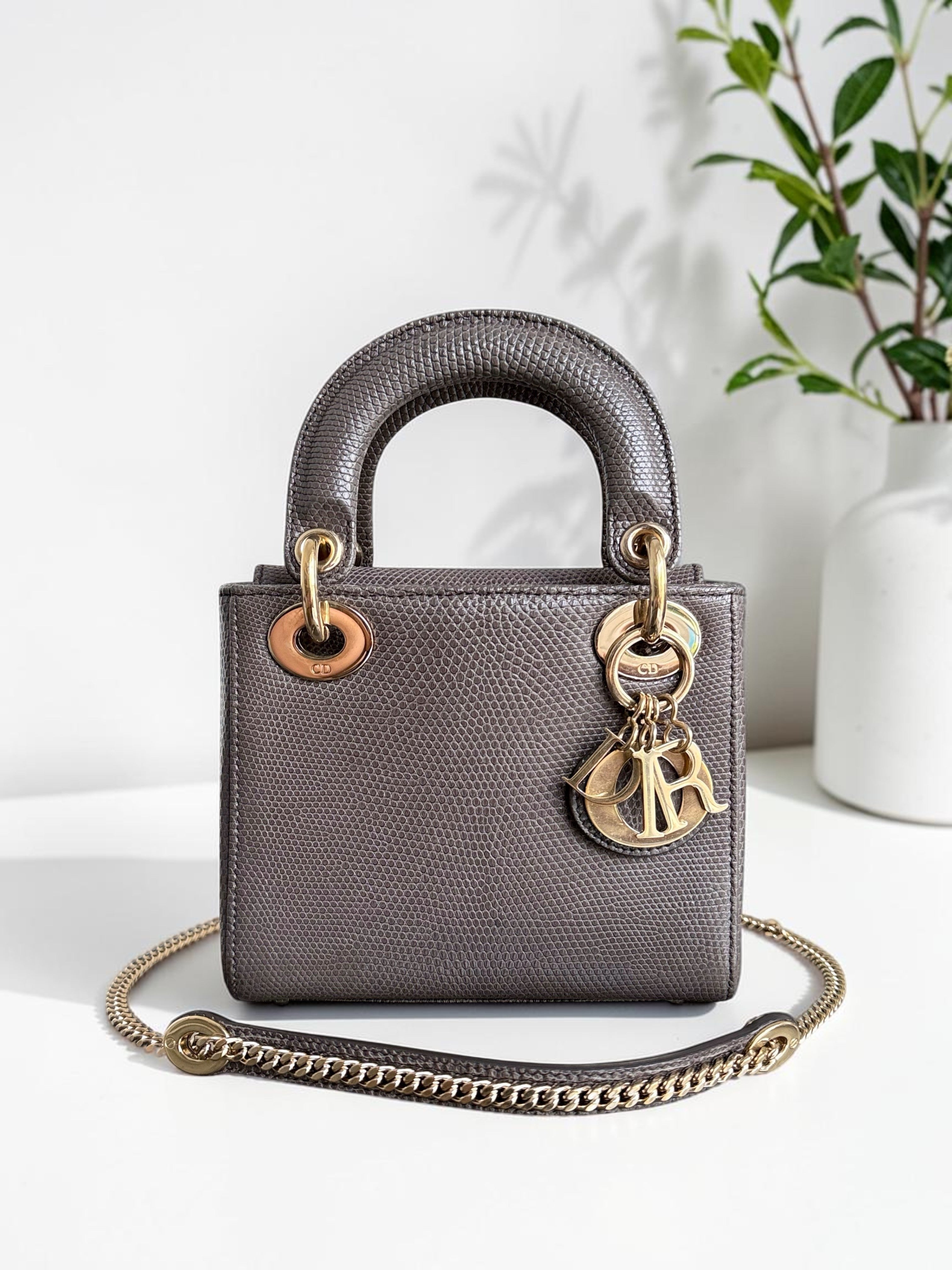 Dior Lady Mini - Exotic Lizard Dark Gray Grey color Gold Hardware