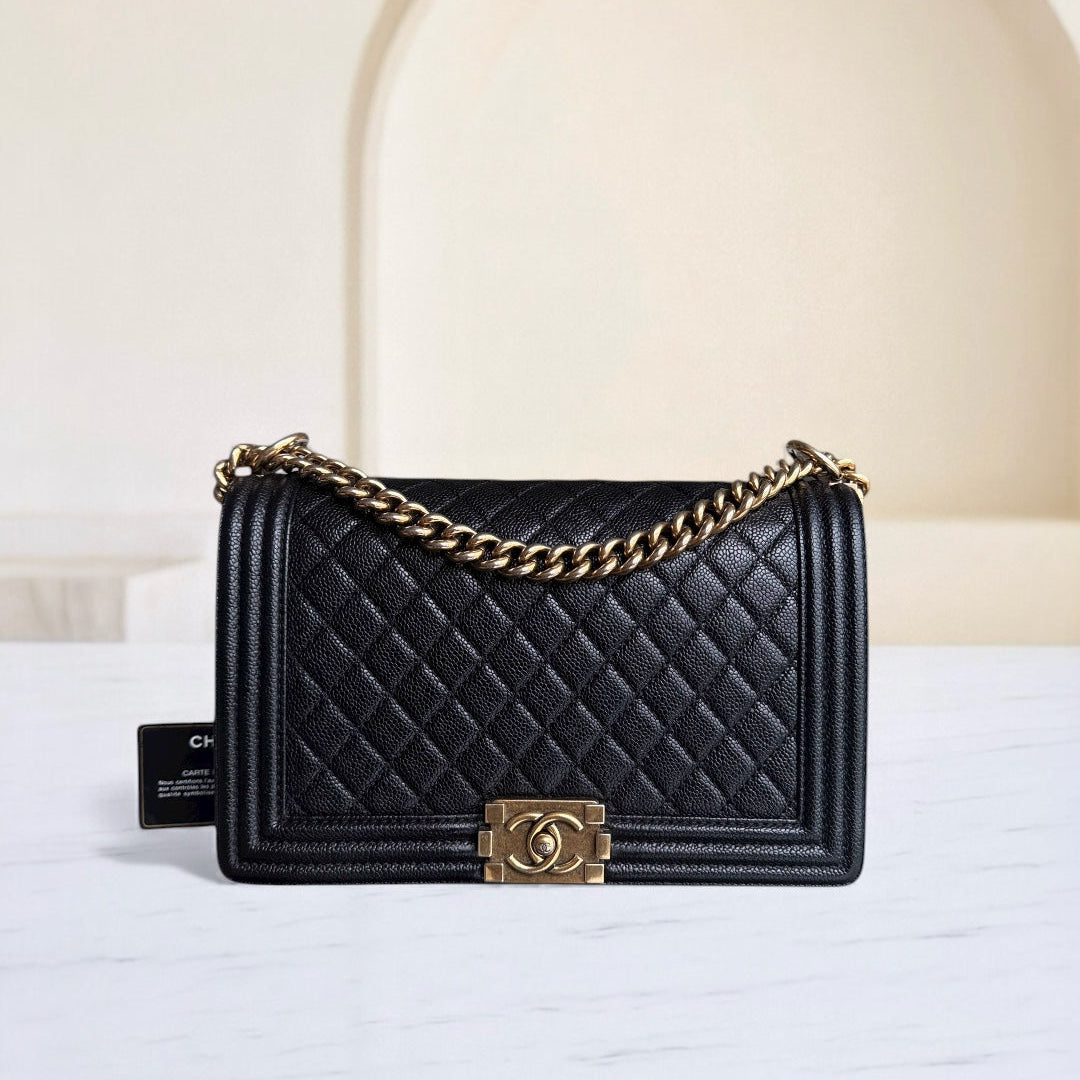 Chanel Boy Medium - Caviar 28CM Quilted Black Gold Hardware Series 20
