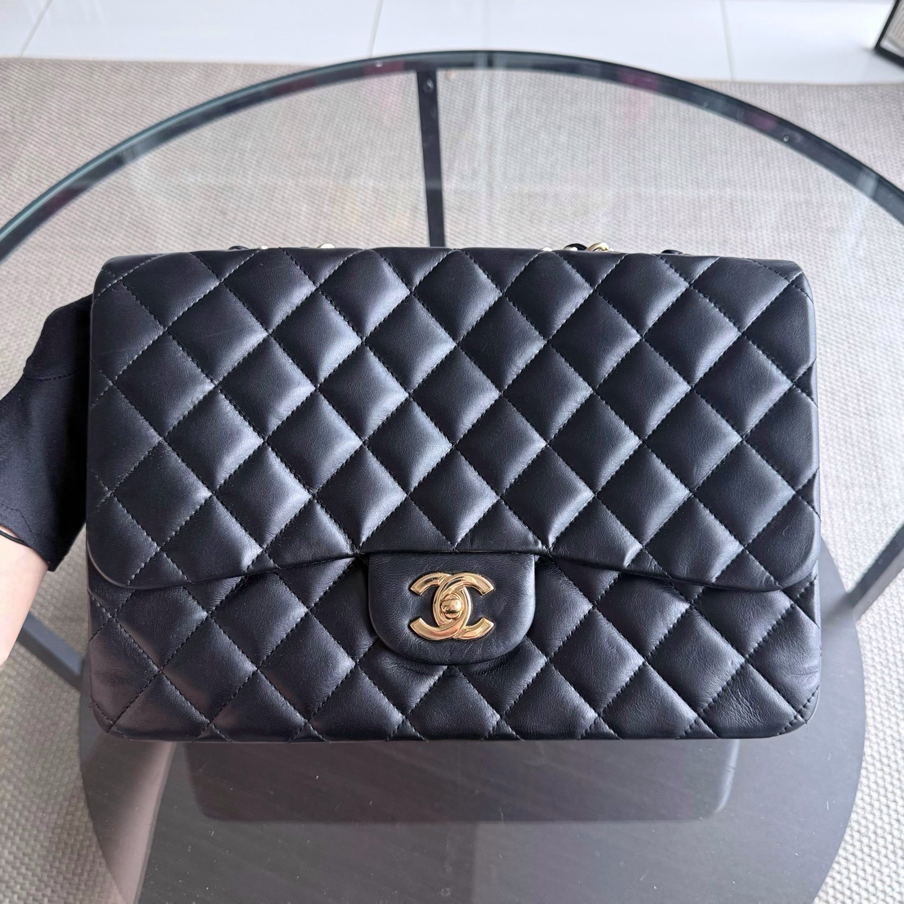 Chanel Classic Flap Jumbo - 30CM Single Flap Quilted Lambskin Black Gold Hardware Series 13