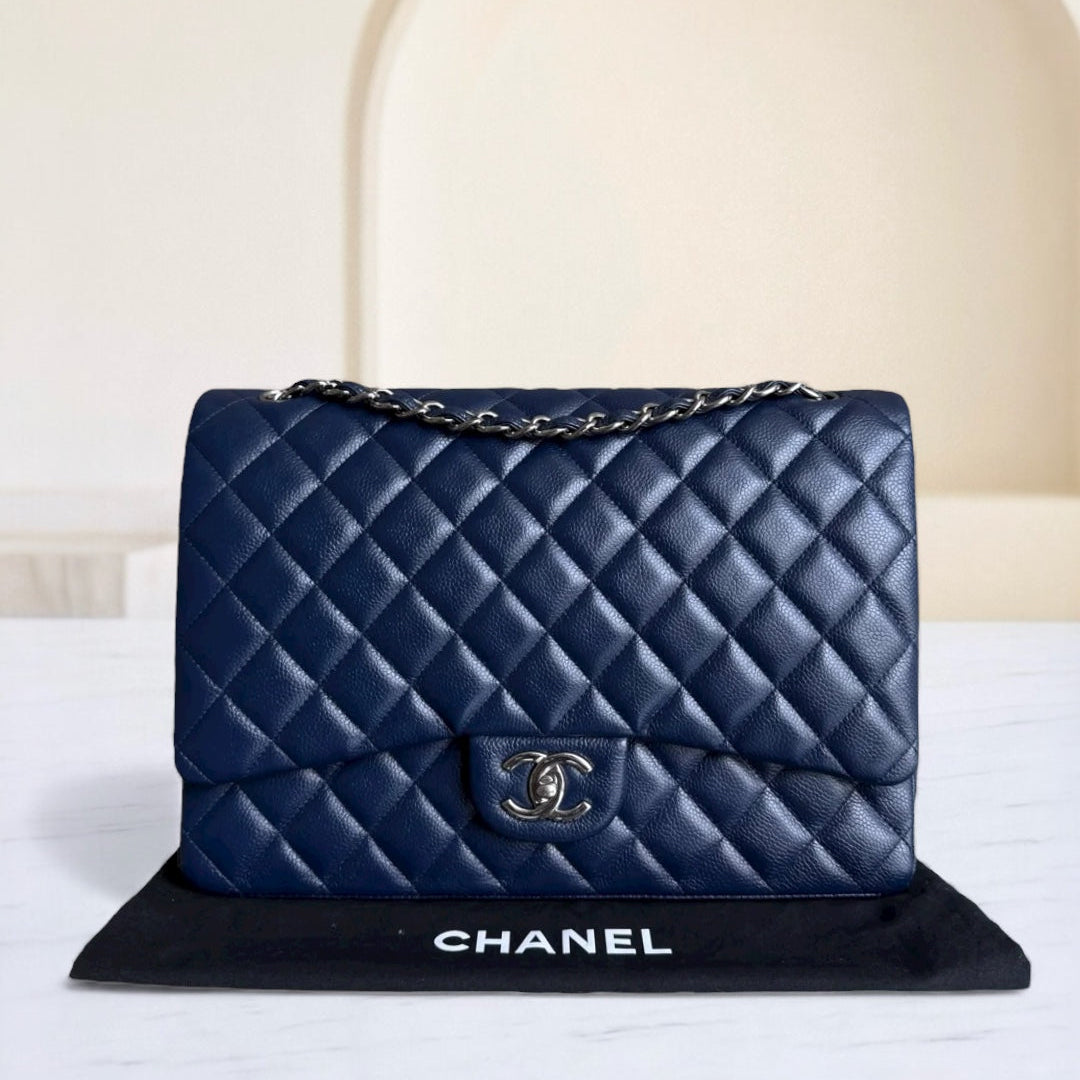 Chanel Classic Flap Maxi - Caviar Double Flap 34CM Quilted Dark Blue Silver Hardware Series 15