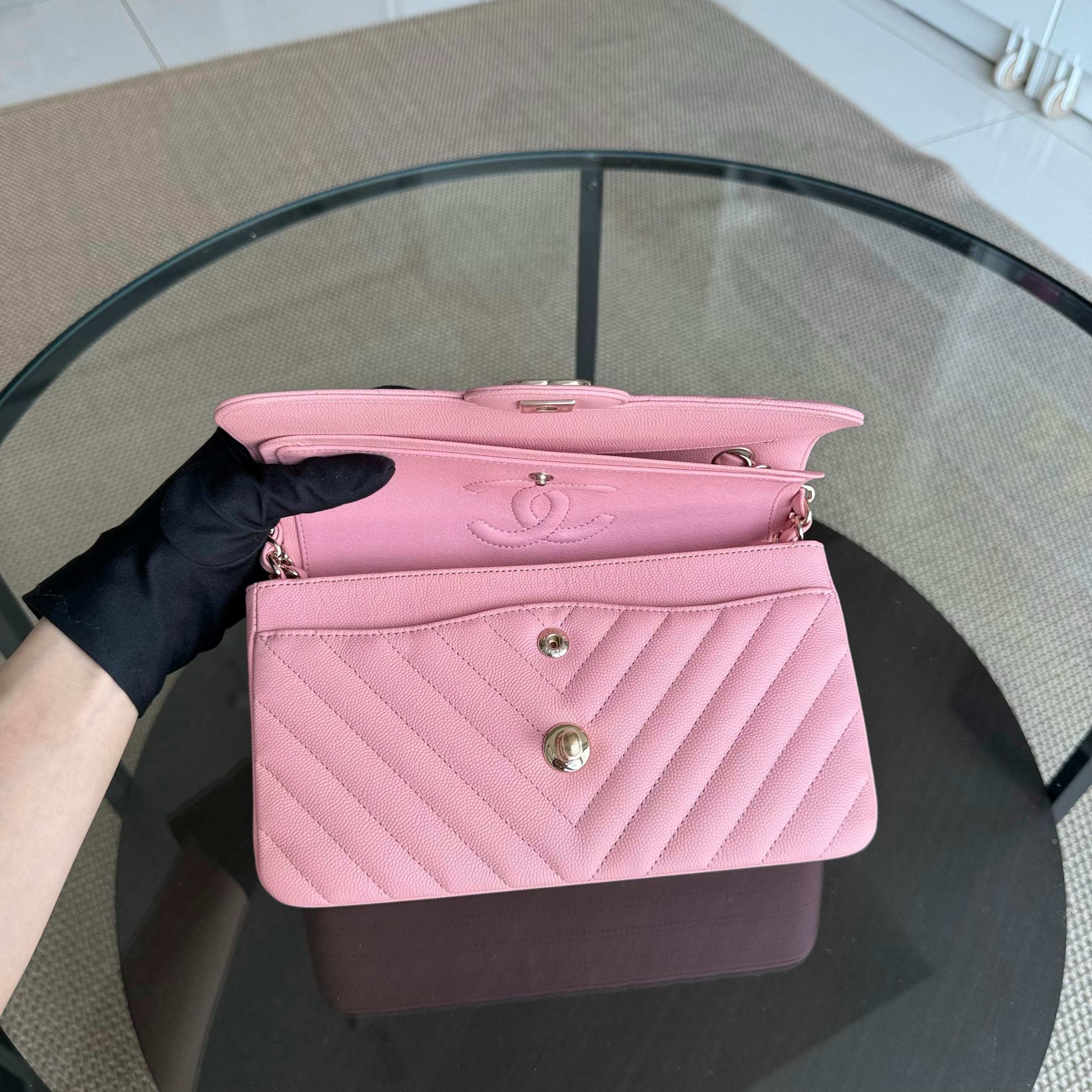 Chanel Classic Flap Small - Caviar 23CM Chevron Light Pink Gold Hardware Series 28