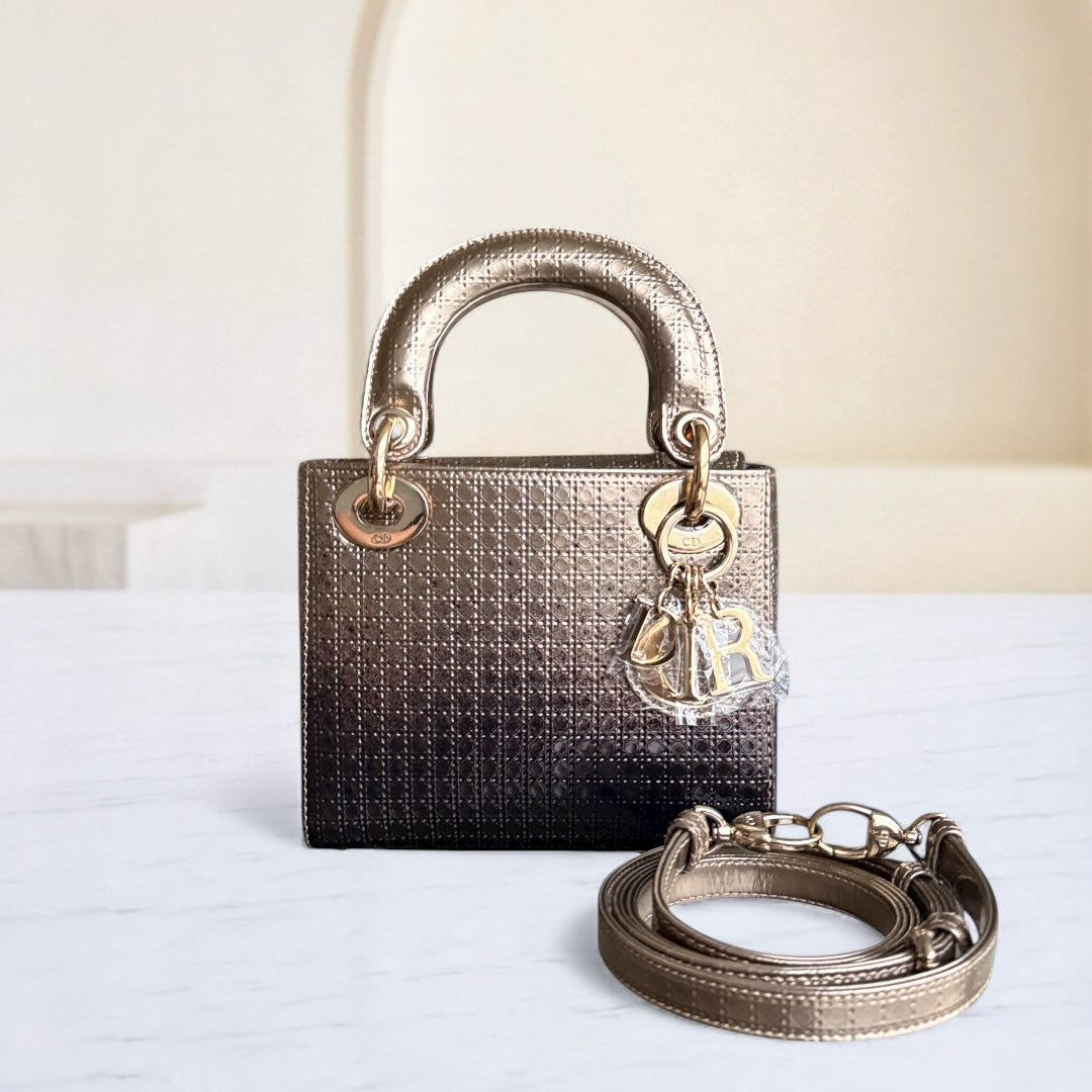 Dior Lady Mini - Calfskin Micro-Cannage Metallic Gold Gold Hardware Adjustable Strap