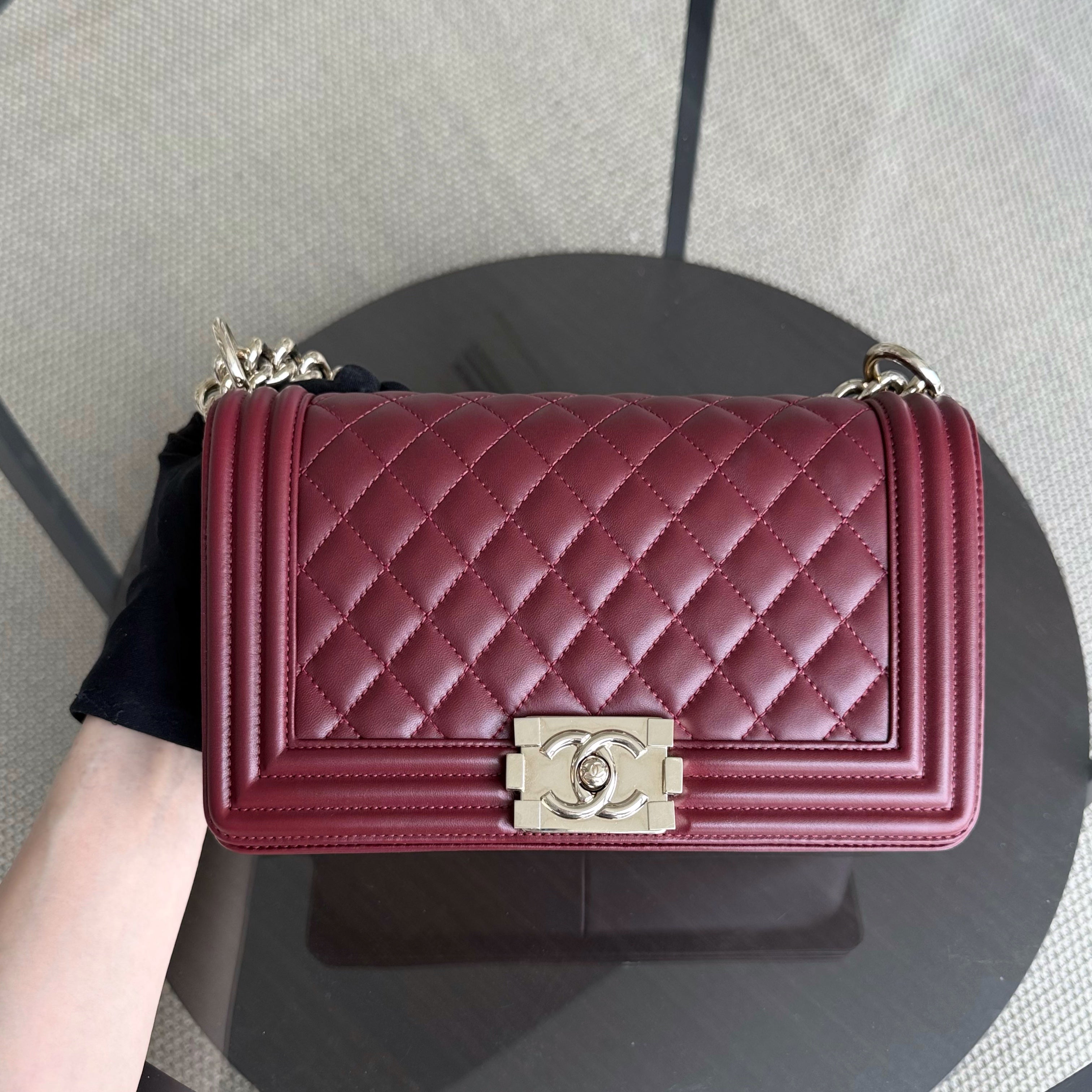 Chanel Boy Medium - 25CM Quilted Lambskin Burgundy Red Gold Hardware Series 22