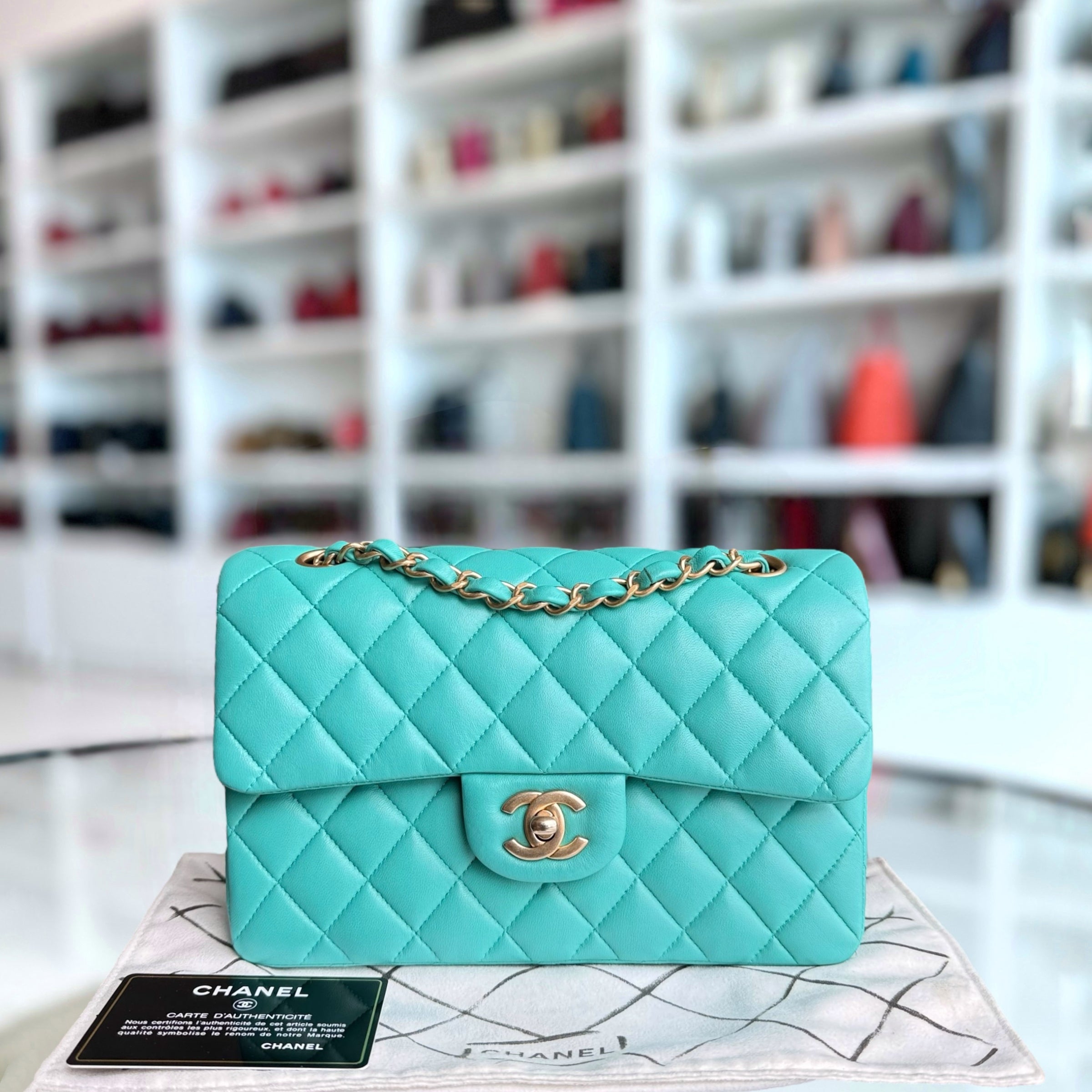 Chanel Classic Flap Small - 23CM Quilted Lambskin Blue Green Gold Hardware Series 27
