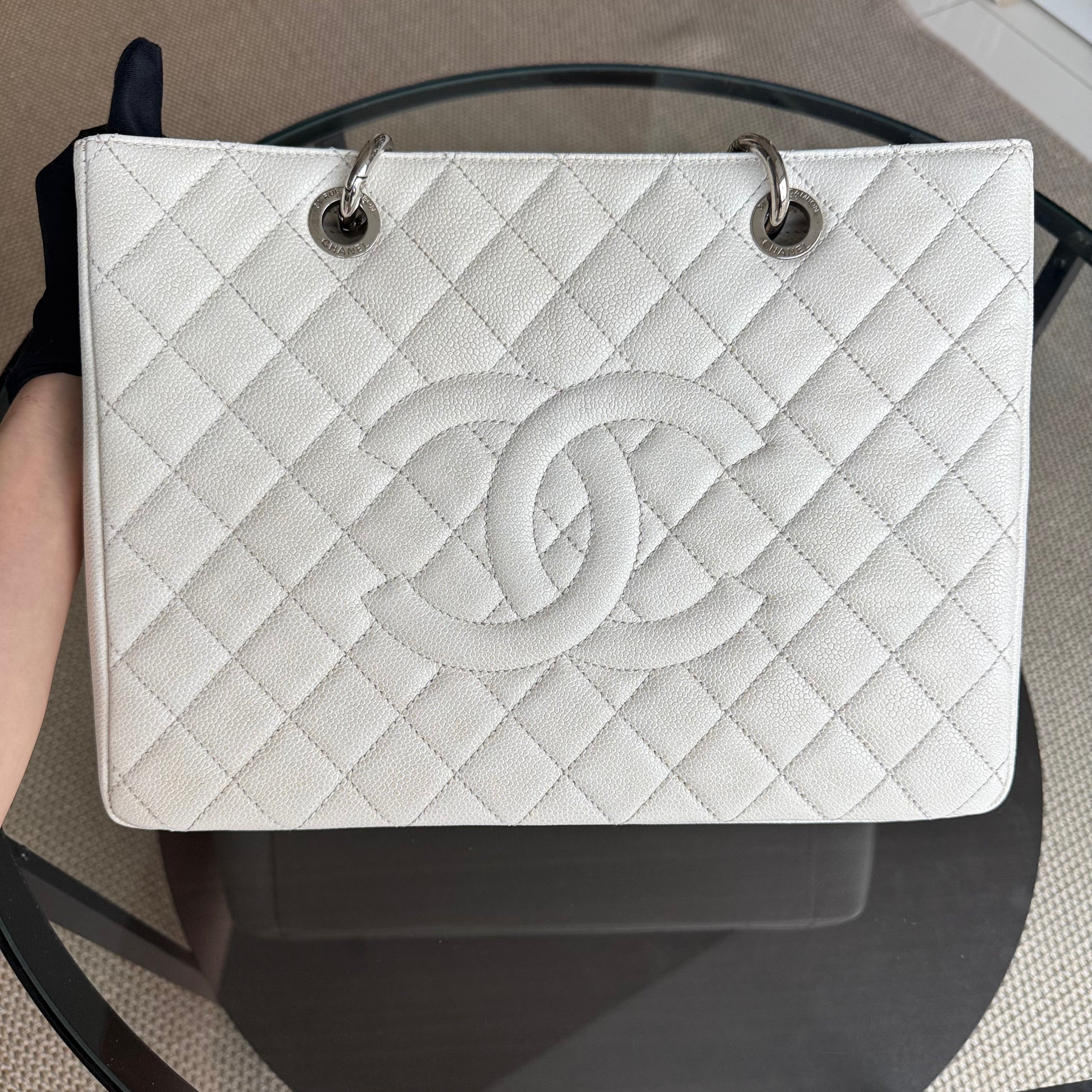 Chanel GST Grand Shopping Tote - Caviar Quilted White Silver Hardware Series 18