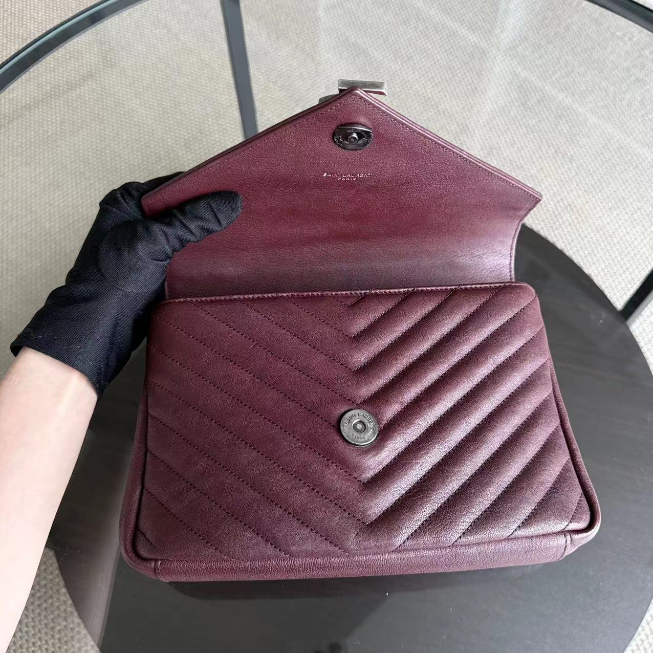 Yves Saint Laurent YSL College - Medium Chevron Leather Burgundy Ruthenium Silver Hardware