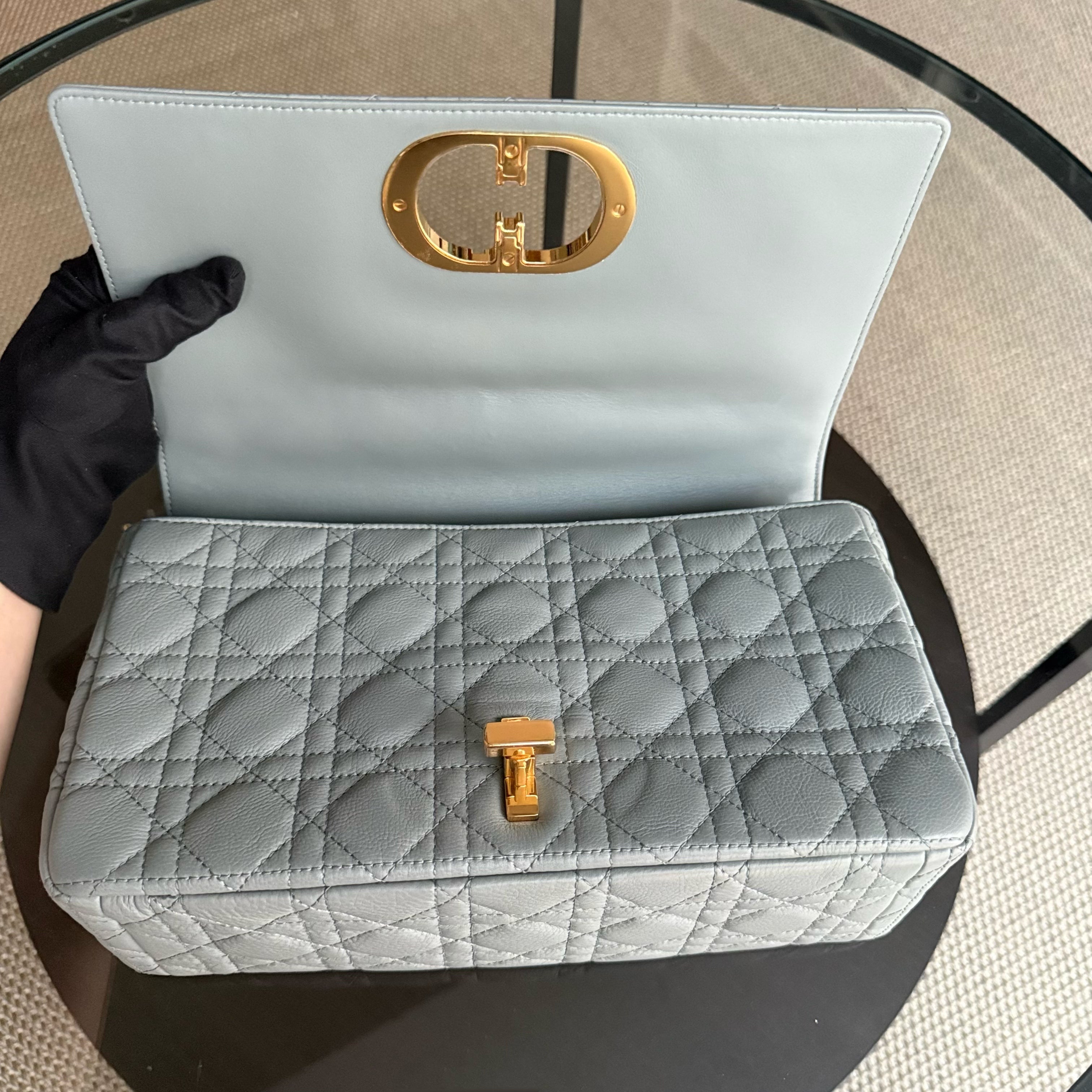 Dior Caro Large - Cannage Calfskin Grey Gray Gold Hardware