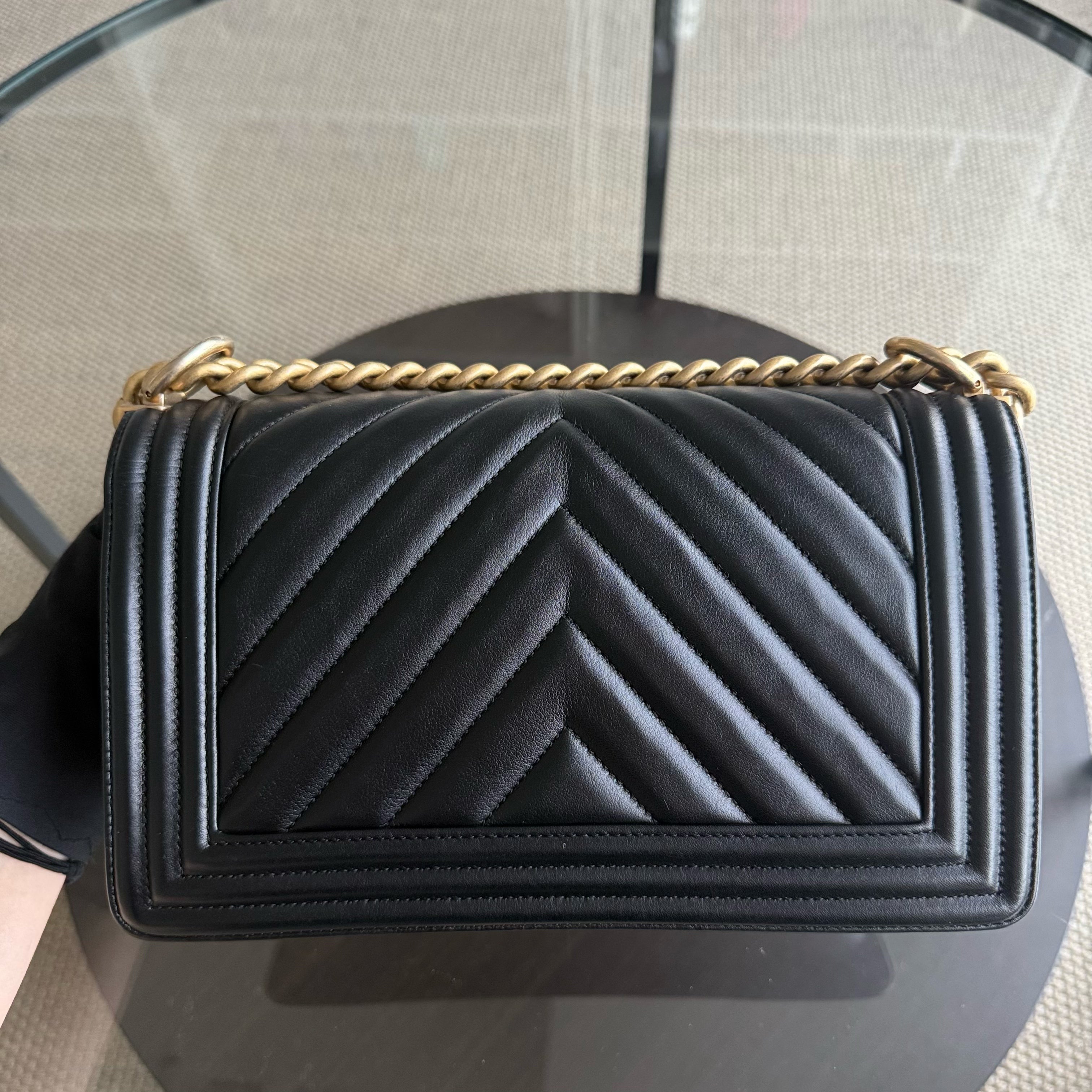 Chanel Boy Medium - 25CM Chevron Calfskin Black Aged Gold Hardware Series 25