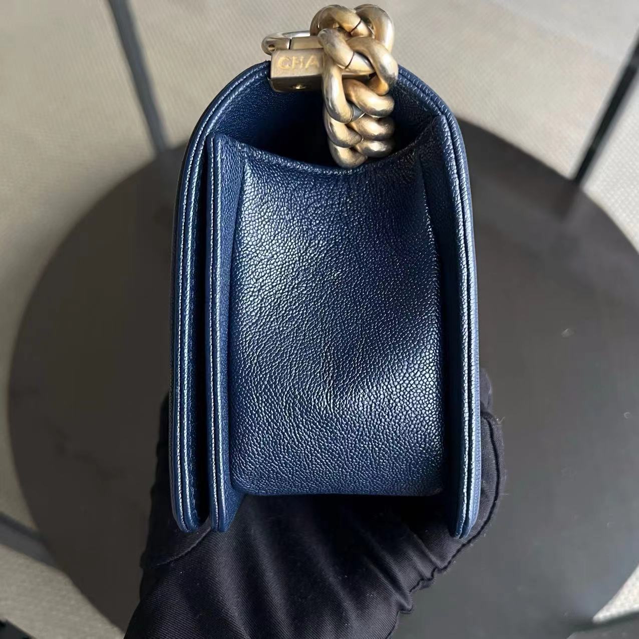 Chanel Boy Small - Caviar Quilted Grained Calfskin Dark Blue Golden Hardware Series 26