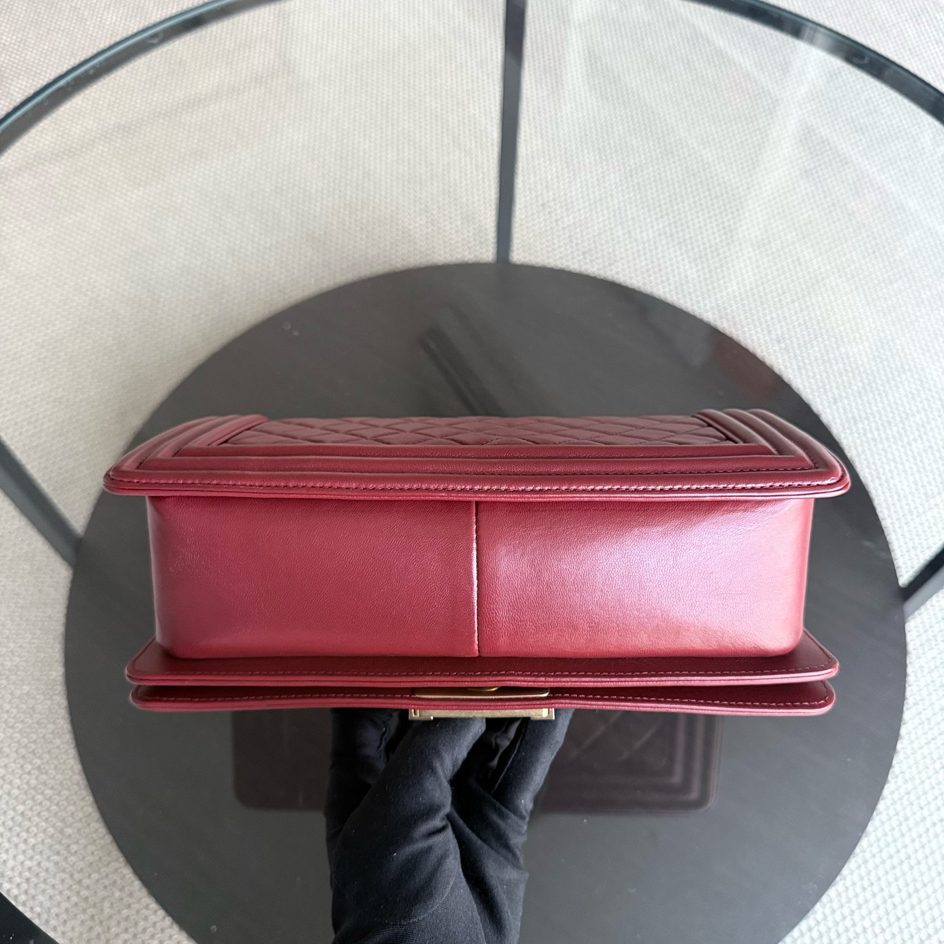 Chanel Boy Medium - 25CM Quilted Lambskin Dark Red Gold Hardware Series 19