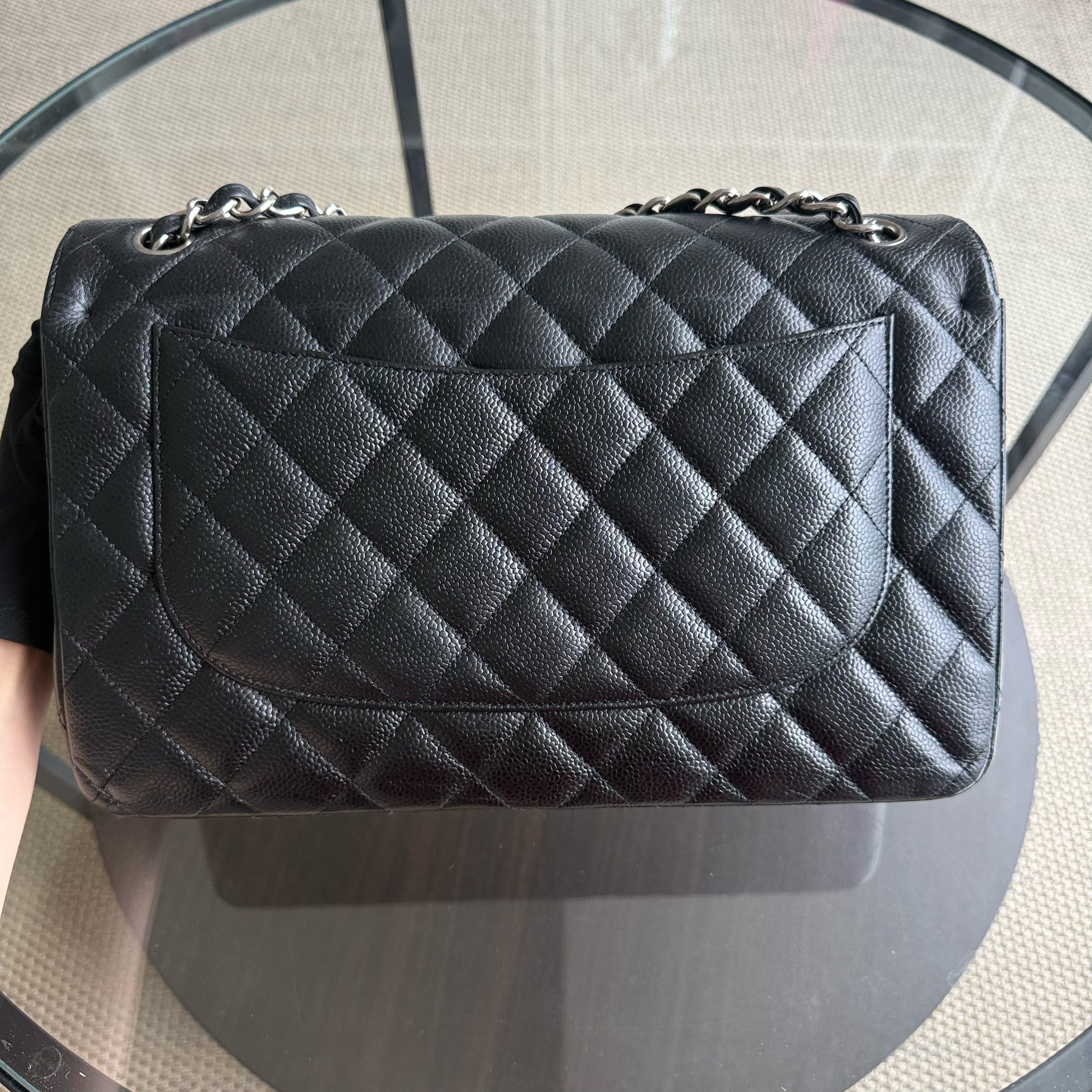 Chanel Classic Flap Jumbo - Caviar 30CM Double Flap Quilted Black Silver Hardware Series 18