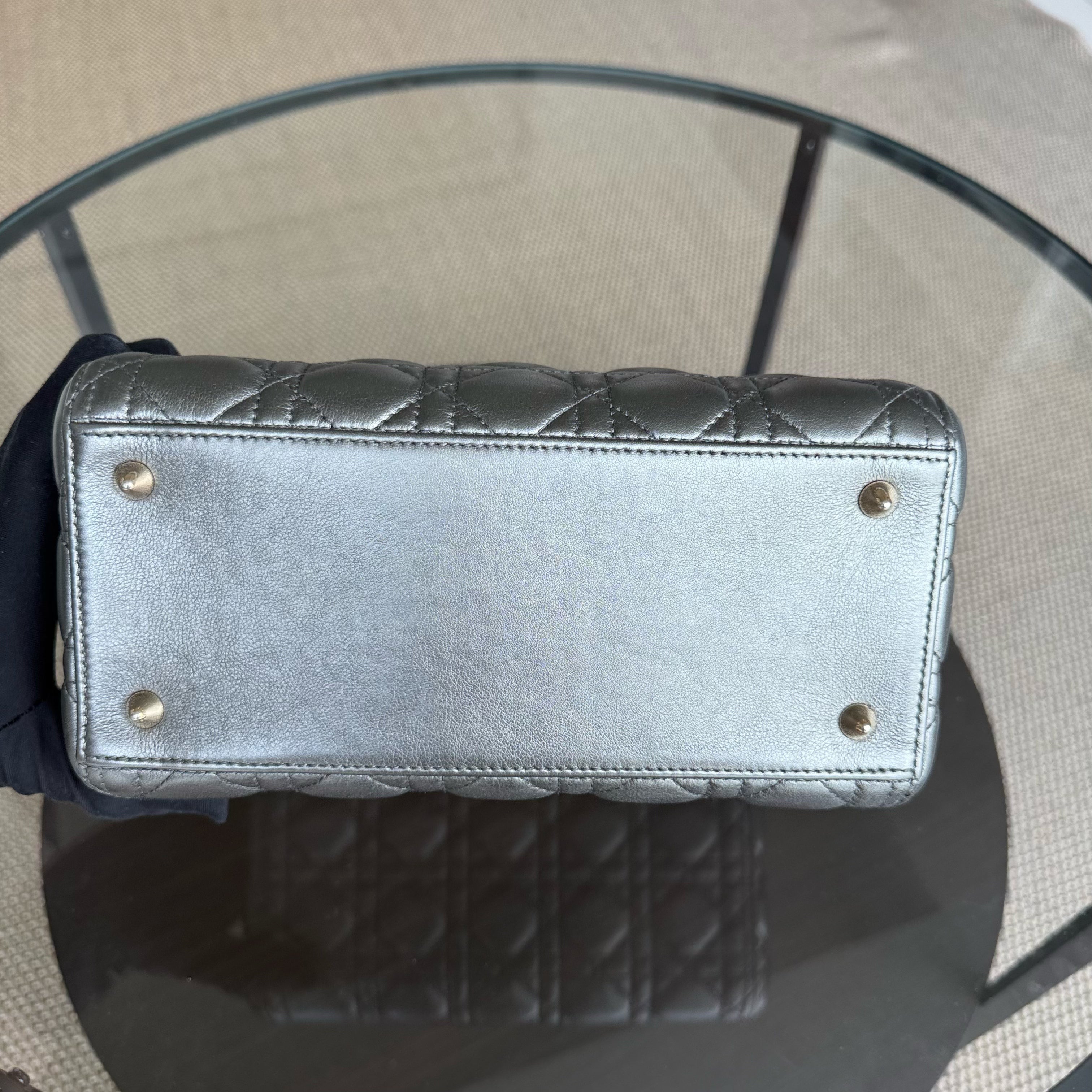 Dior Lady Medium - Cannage Calfskin Metallic Silver Gunmetal Gold Hardware Adjustable Strap