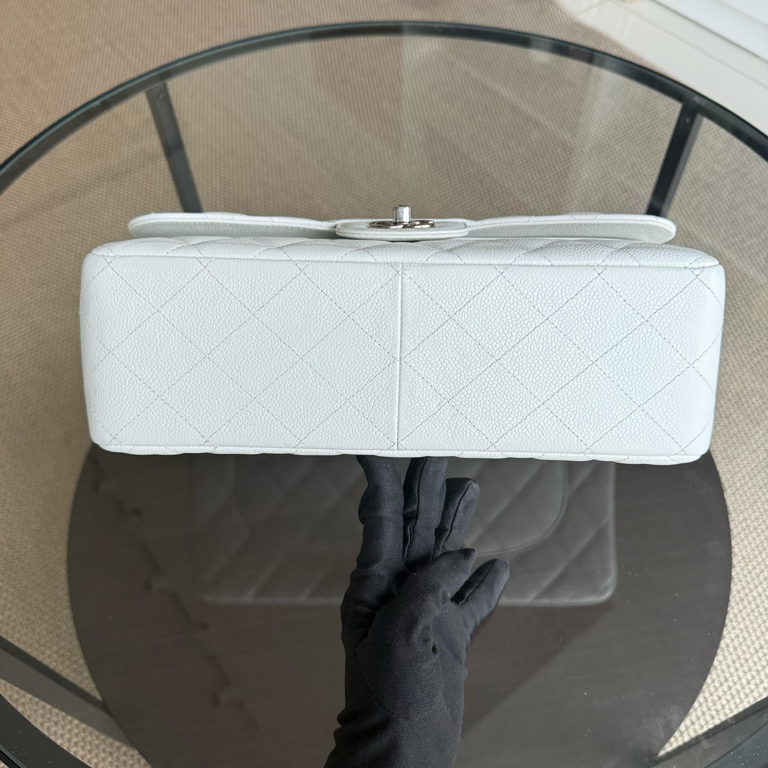 Chanel Classic Flap Jumbo - Caviar Double Flap 30CM Quilted White Silver Hardware Series 14