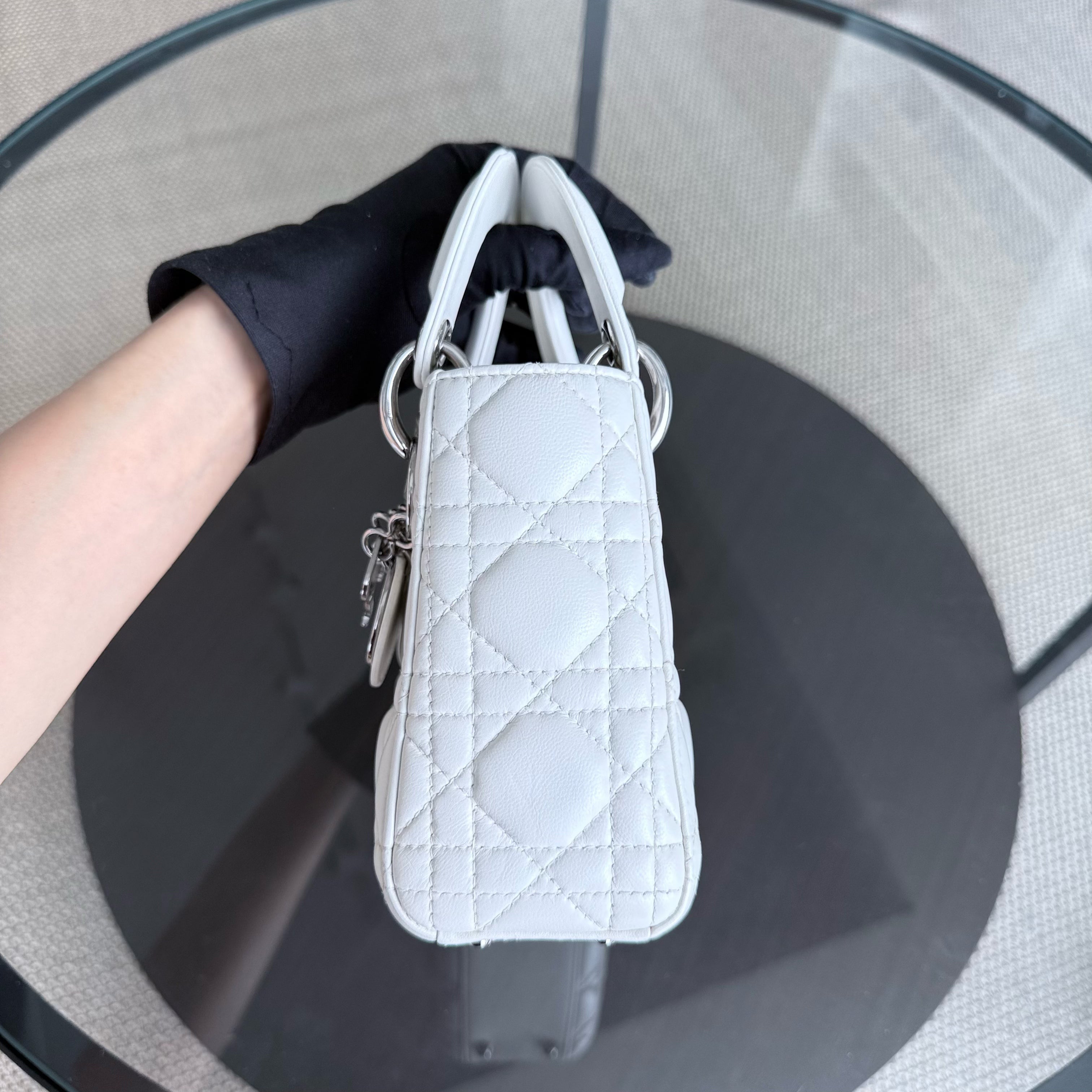 Dior Lady Mini - Cannage Lambskin White Silver Hardware Chain Strap