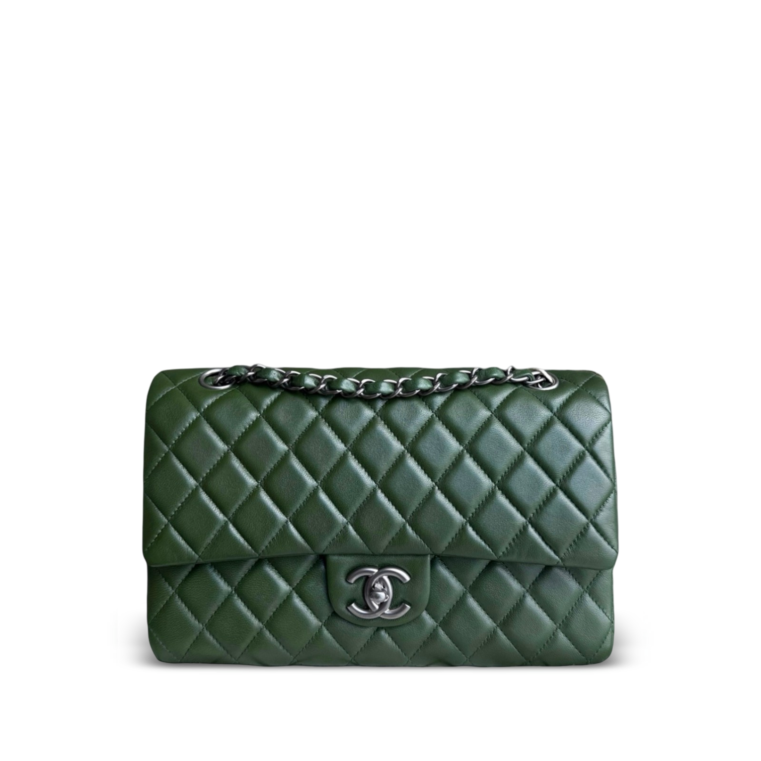 Chanel Classic Flap Medium - 25CM Quilted Lambskin Dark Green Silver Hardware Series 12