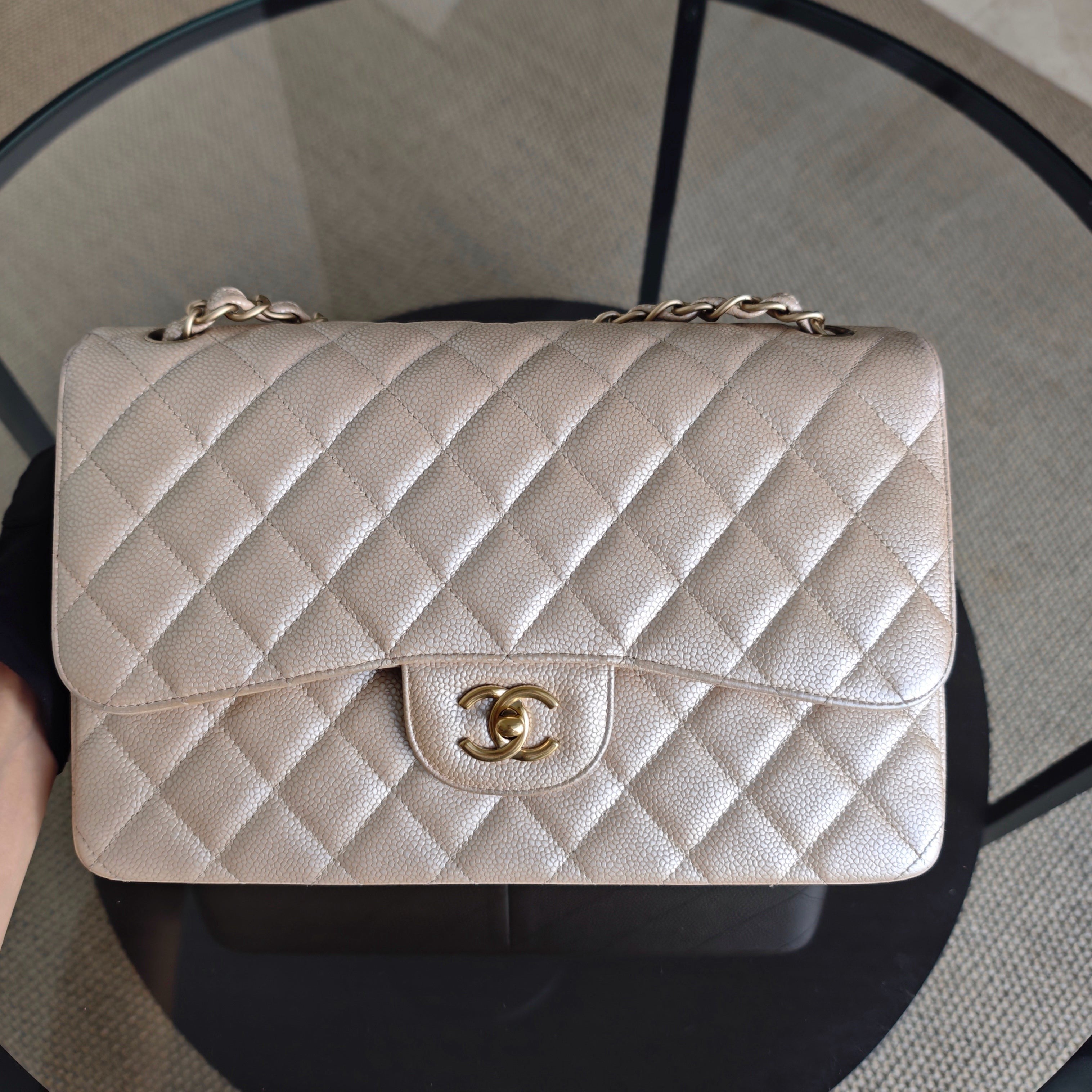 Chanel Classic Flap Jumbo - Caviar 30CM Double Flap Quilted iridescent Beige Gold Hardware Series 16