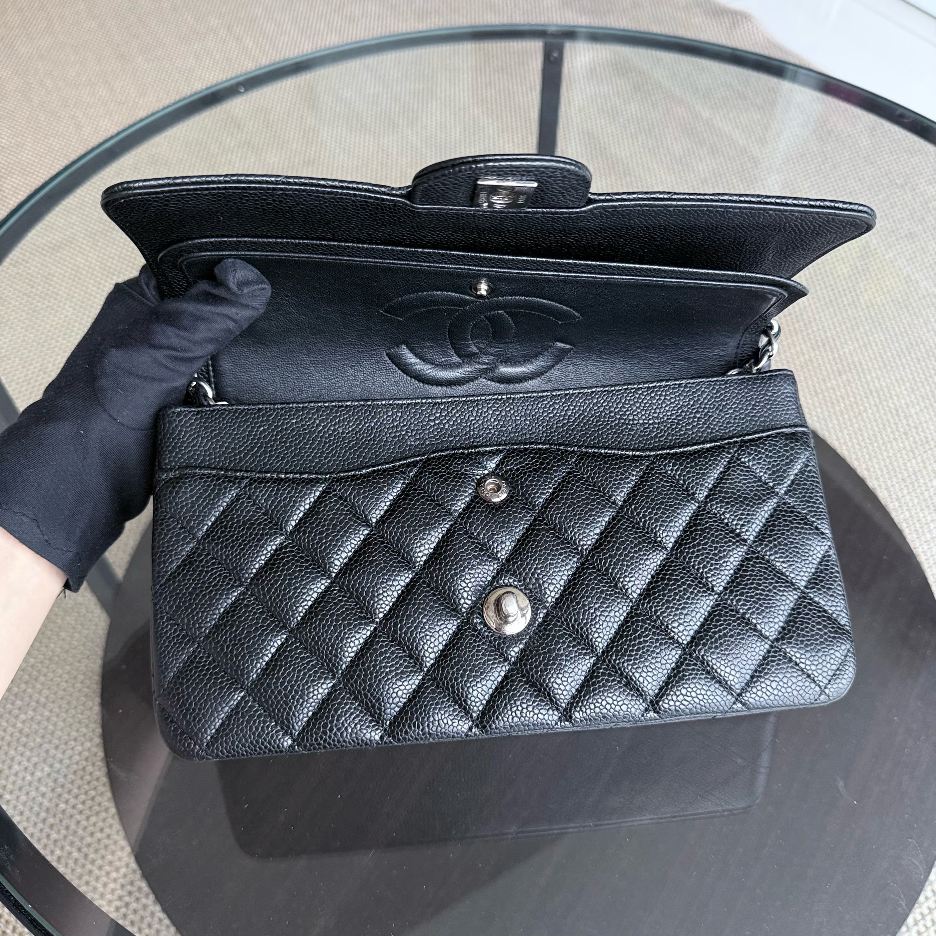 Chanel Classic Flap Medium - 25CM Quilted Caviar Black Silver Hardware Series 12