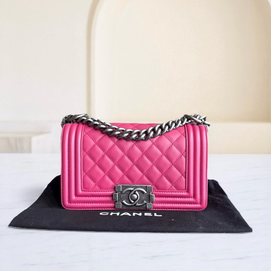 Chanel Boy Small - 20CM Quilted Calfskin Hot Pink Ruthenium Silver Hardware Series 26
