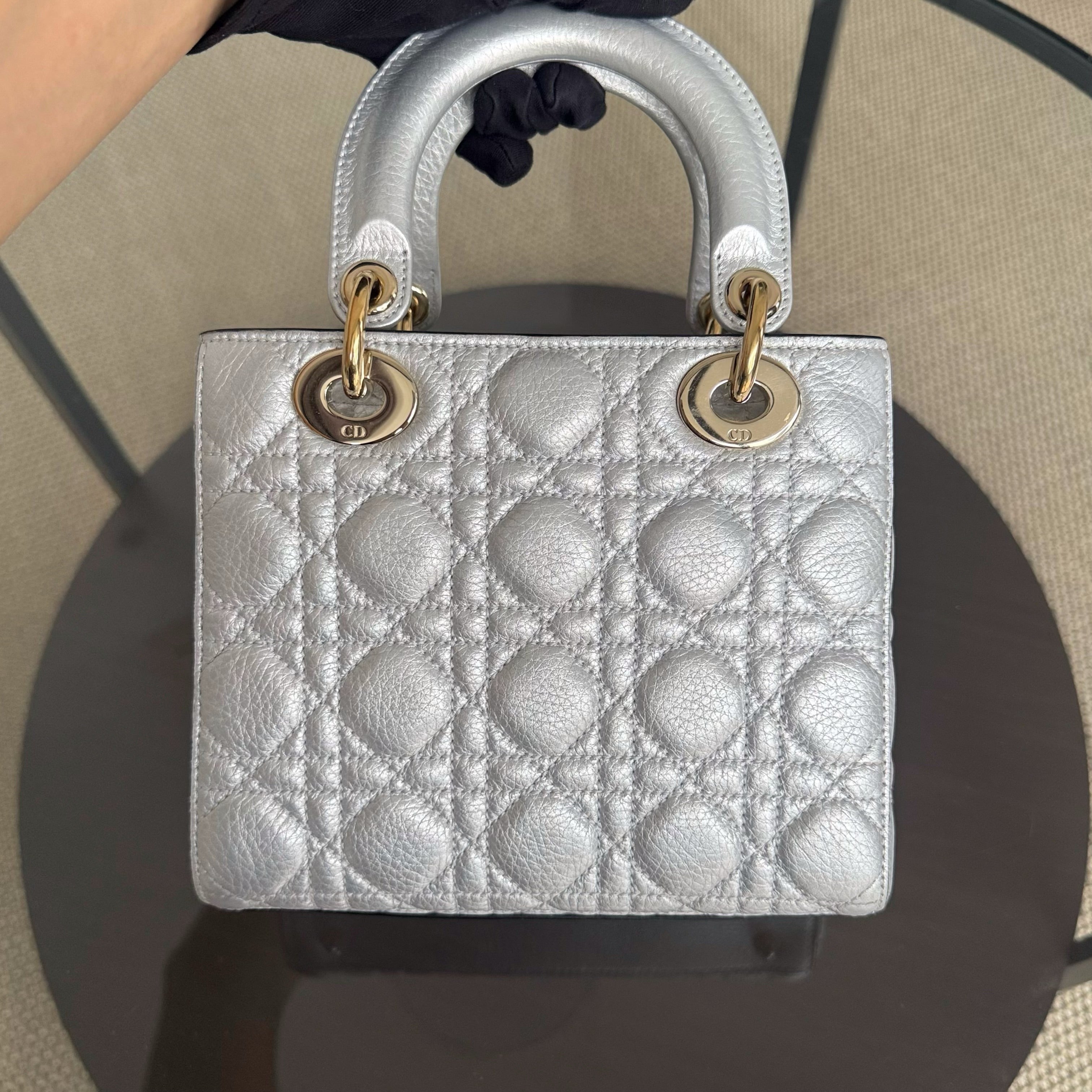 Dior Lady Small - Cannage Gray Calfskin Gold Hardware