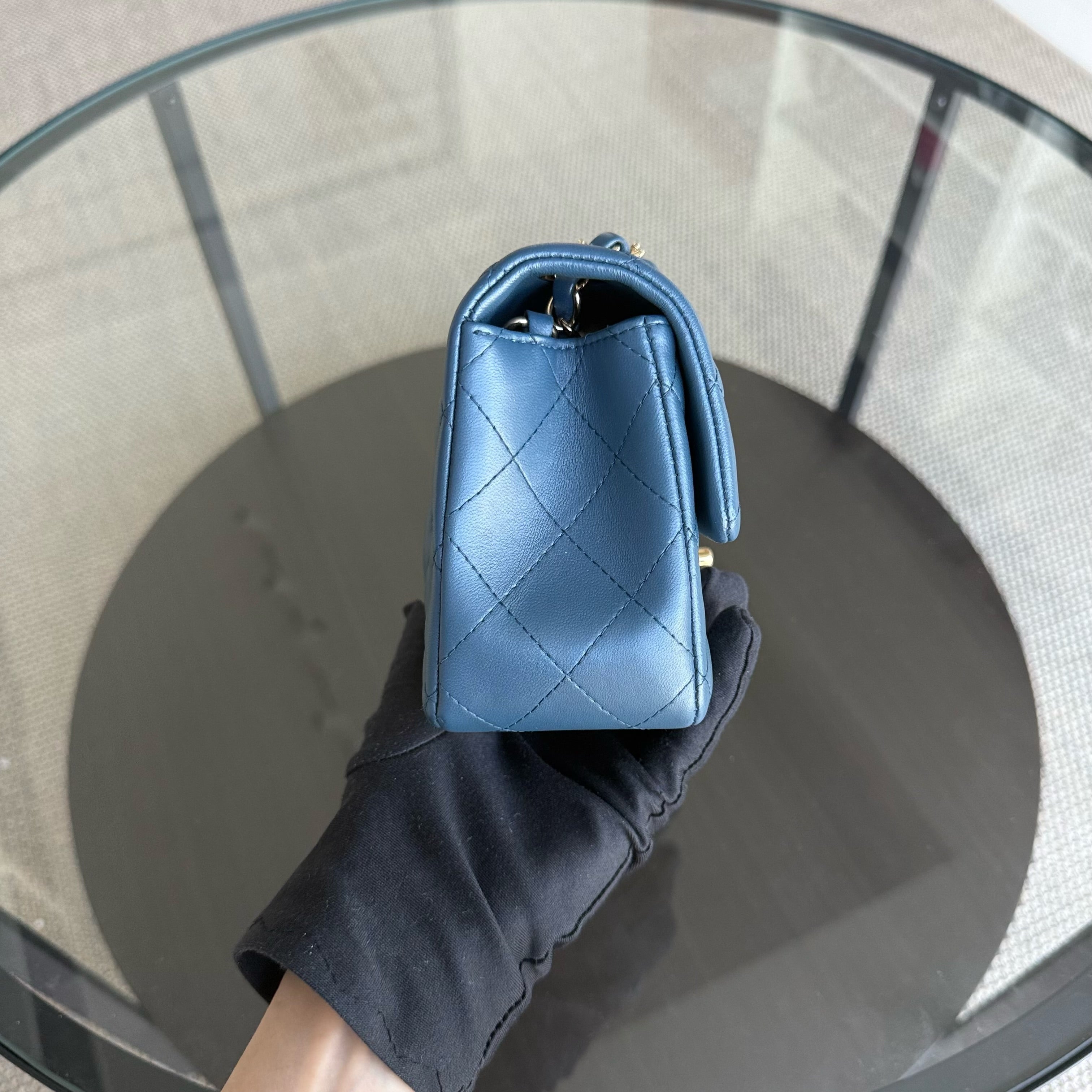 Chanel Lambskin Mini Rectangle Classic Flap - 20CM Quilted Blue Golden Hardware Series 23