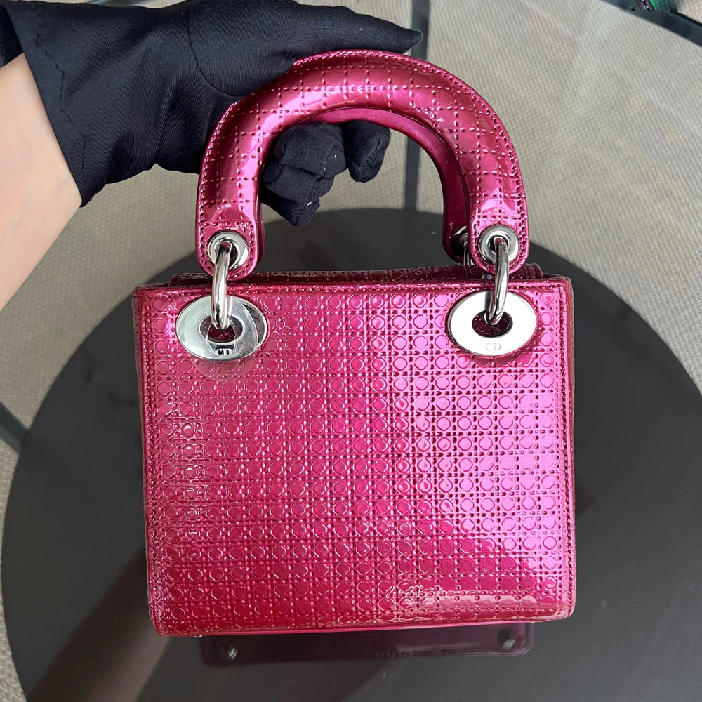 Dior Lady Mini - Calfskin Micro-Cannage Metallic Pink Silver Hardware Adjustable Strap