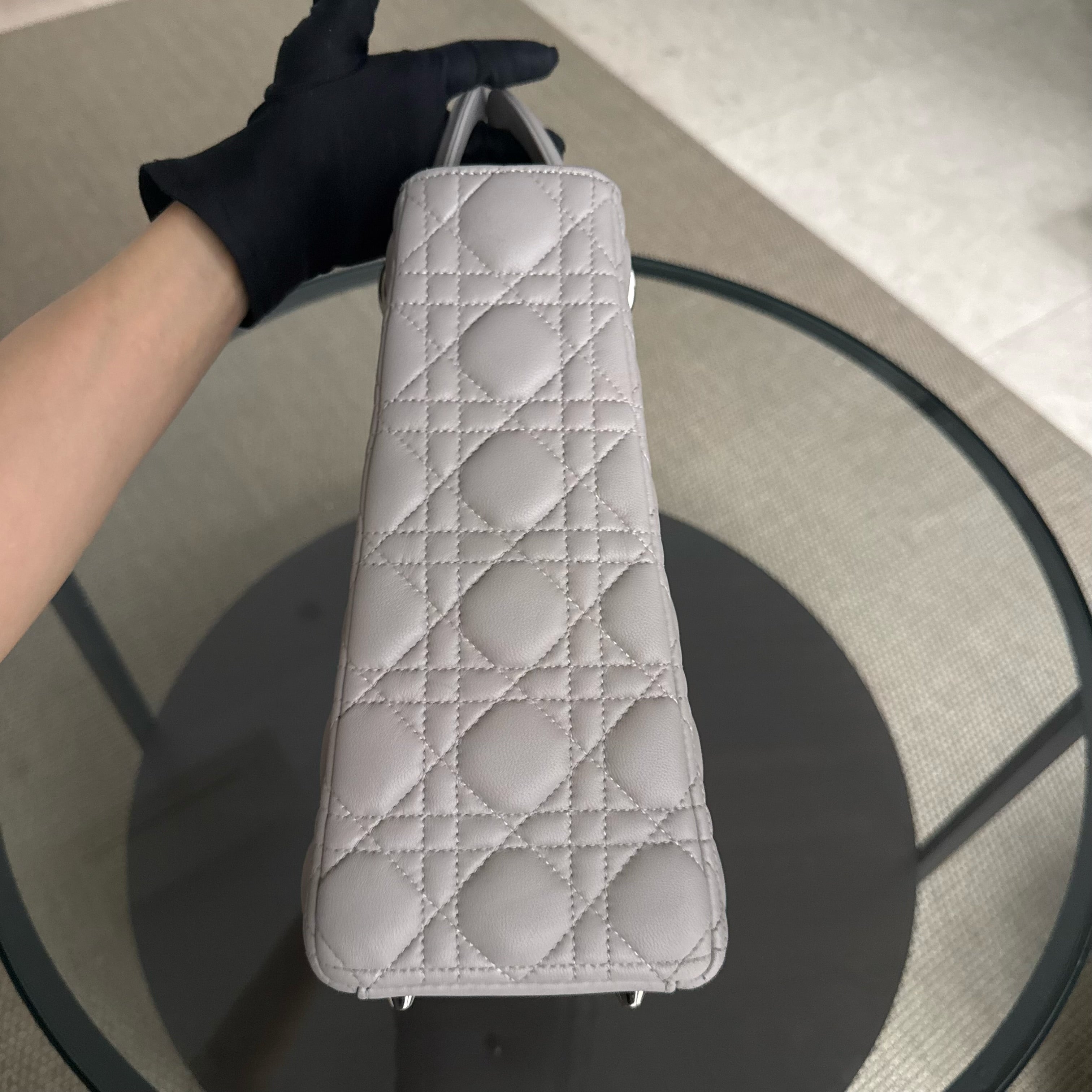 Dior Lady Large - Cannage Lambskin Light Gray Grey Silver Hardware