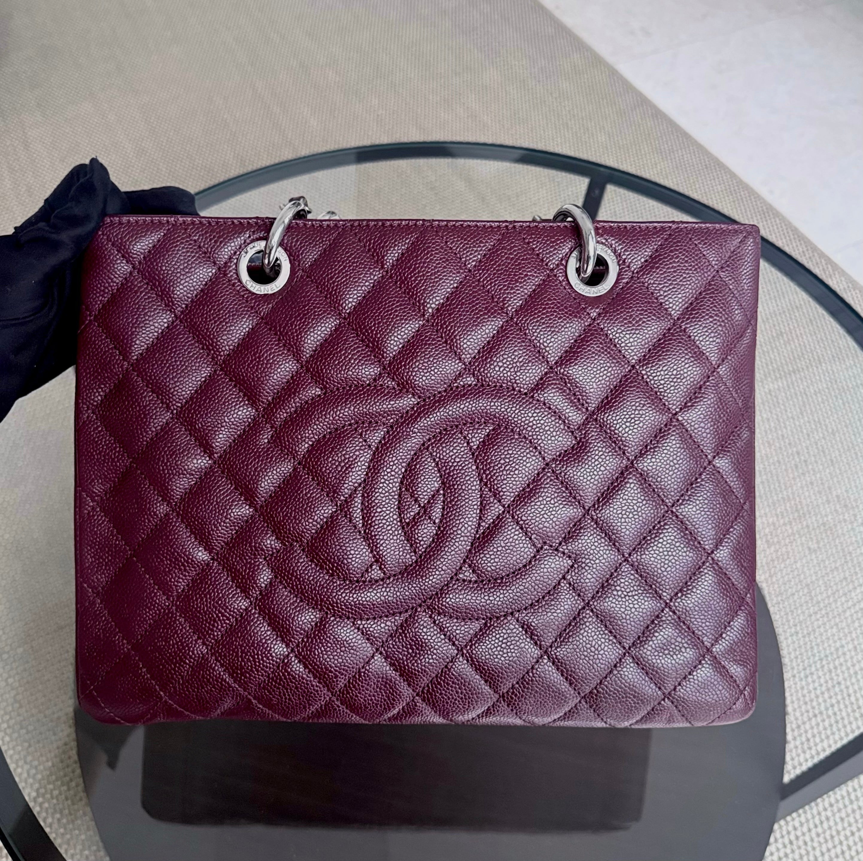 Chanel GST Grand Shopping Tote - Burgundy Caviar Quilted Silver Hardware Series 19