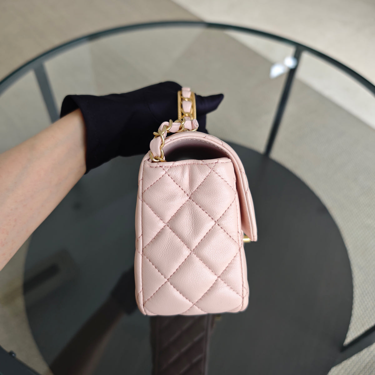 Chanel Classic Flap Mini Top Handle -Quilted Lambskin Gold Hardware Microchip
