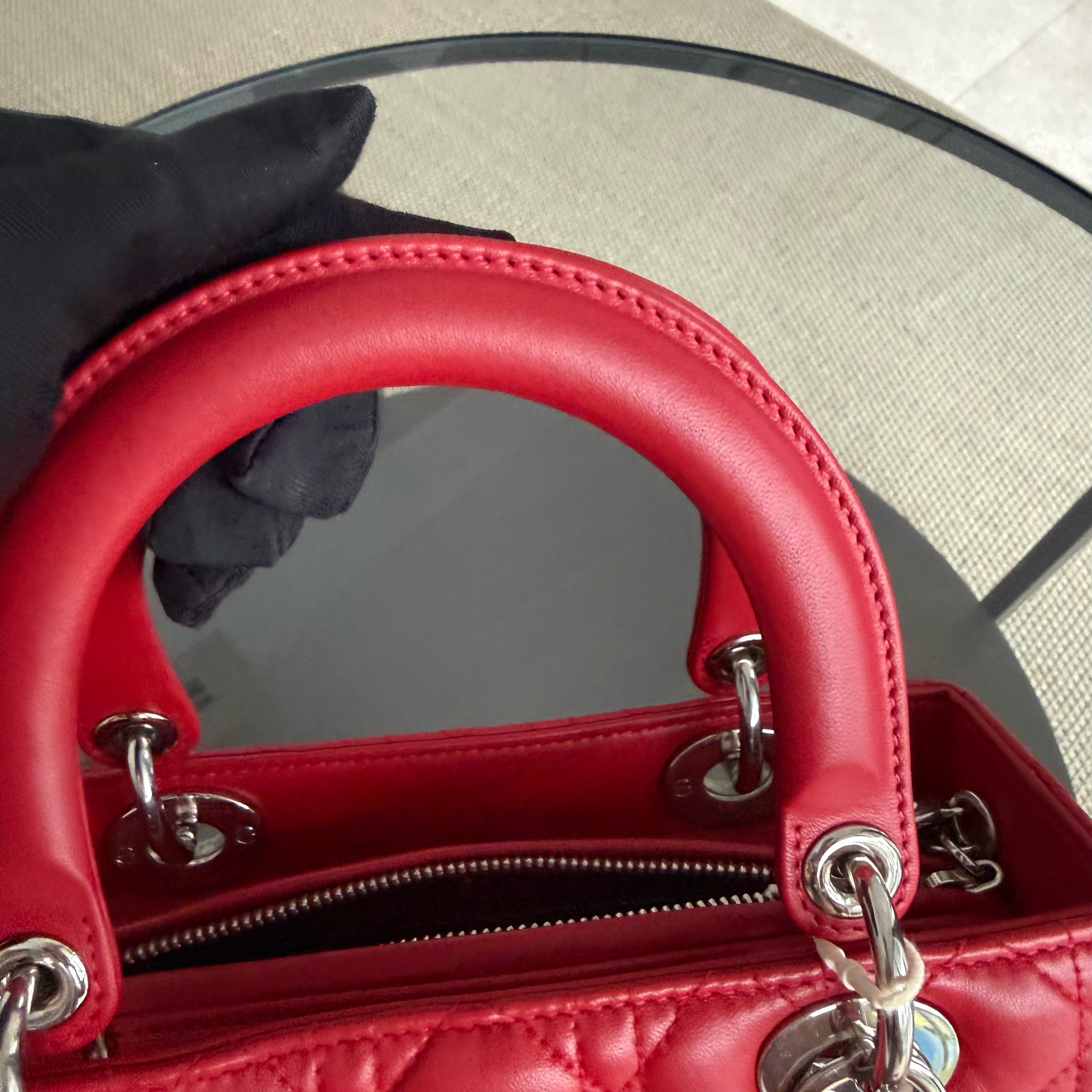 Dior Lady Medium - Cannage Lambskin Red Silver Hardware