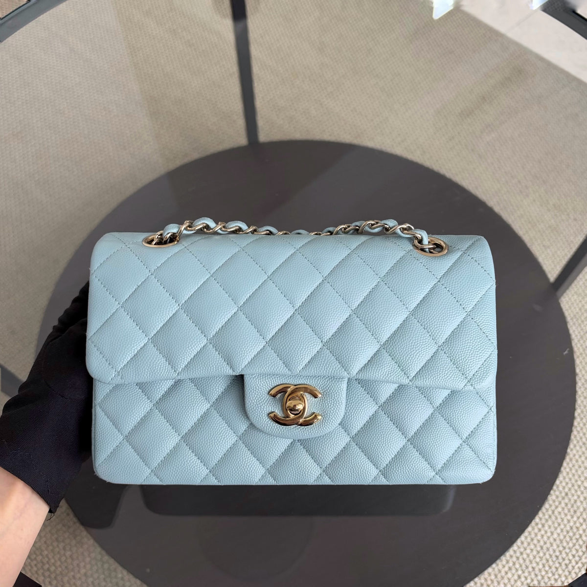 Chanel Classic Flap Small - Caviar 23CM Quilted Baby Blue Light Gold Hardware Microchip