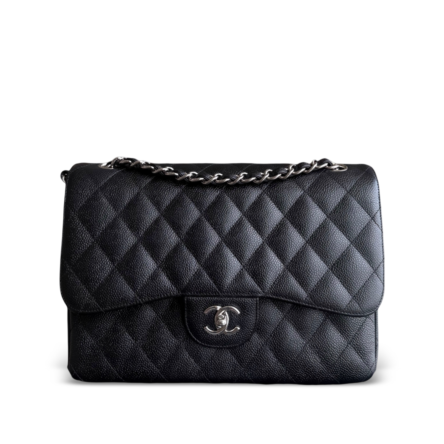 Chanel Classic Flap Jumbo - Caviar 30CM Double Flap Quilted Black Silver Hardware Series 15