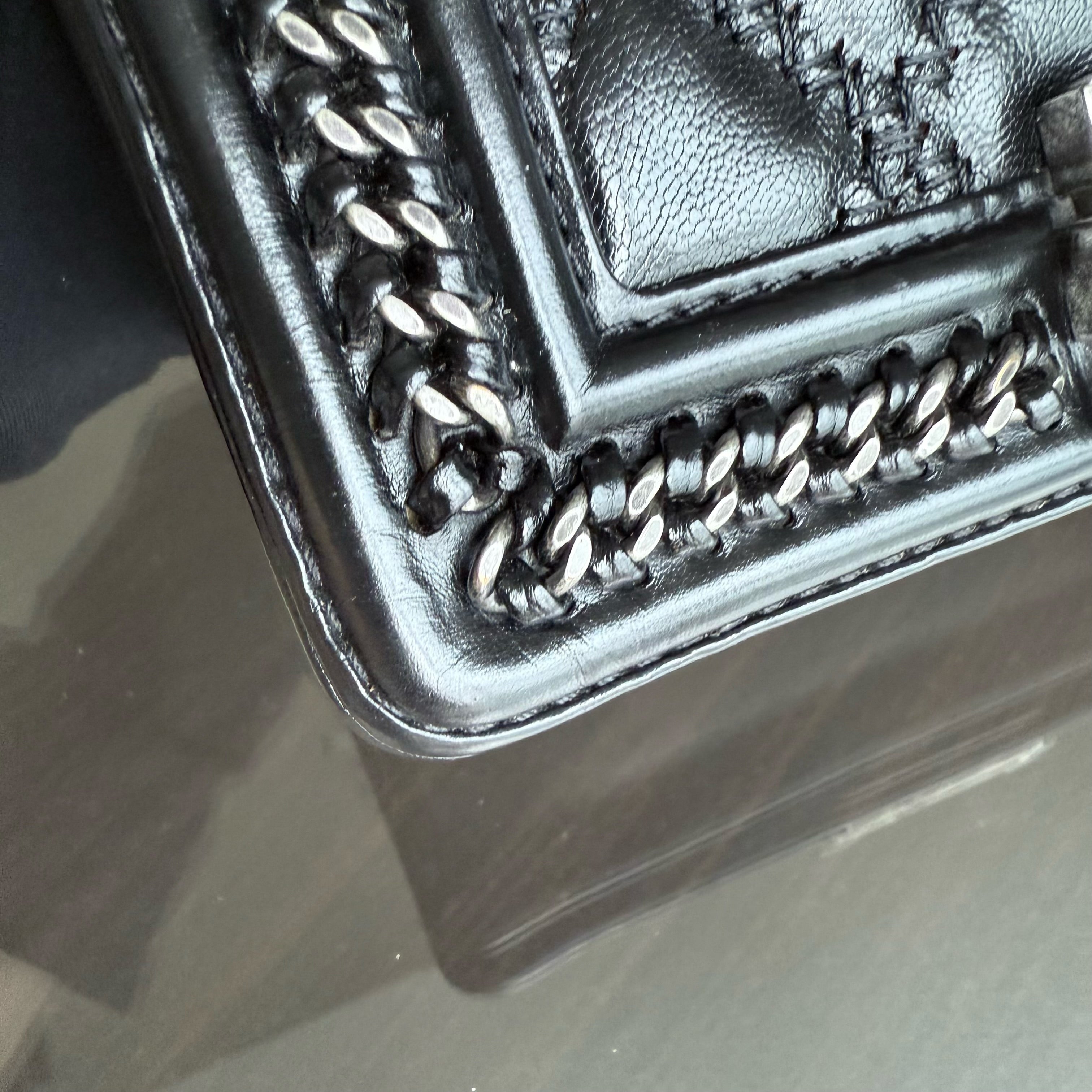 Chanel Boy Small Handle - 20CM Calfskin Chain Around Top Handle Limited Edition Black Ruthenium Silver Hardware Series 21