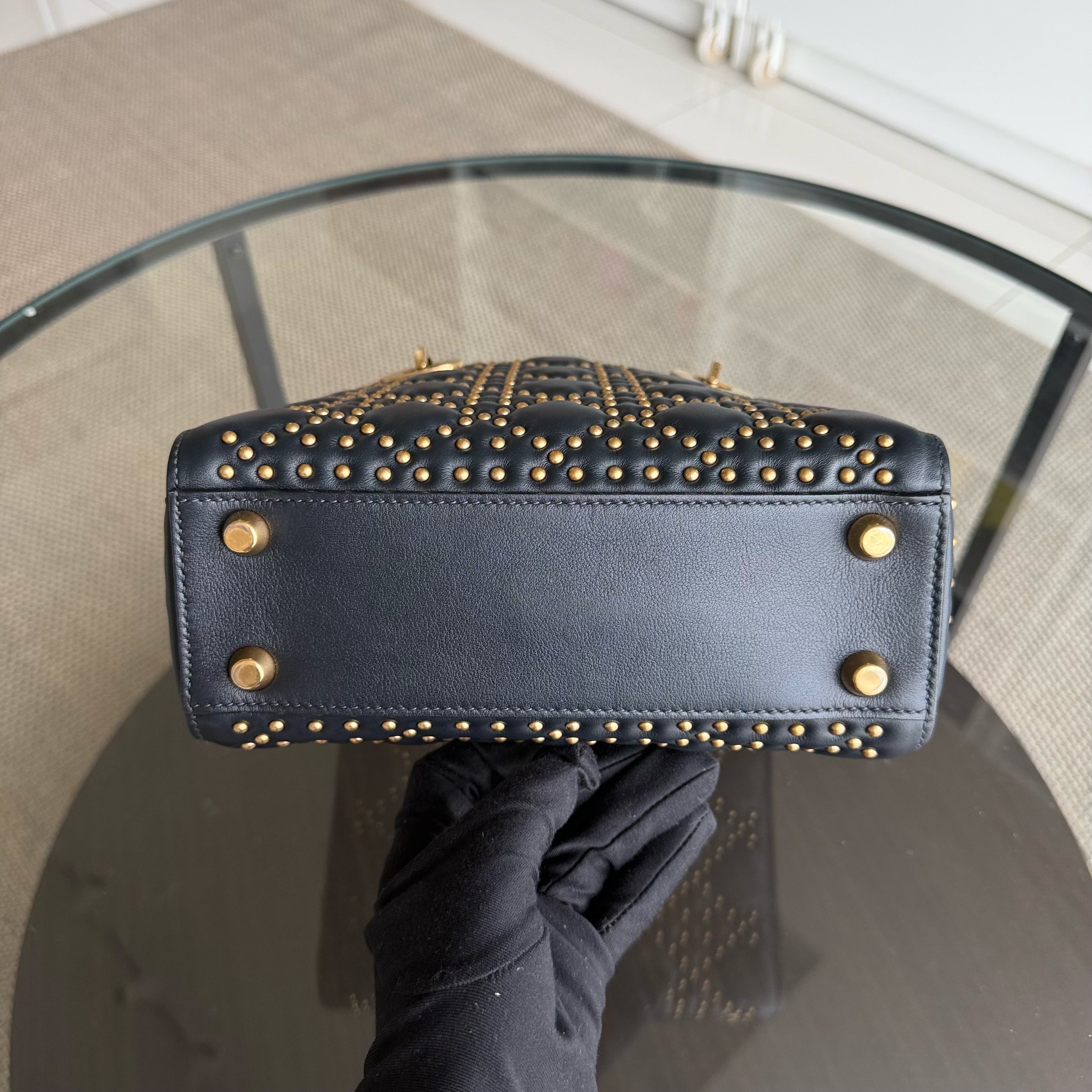 Dior Lady Small Flap - Cannage Calfskin Studded Black Gold Hardware