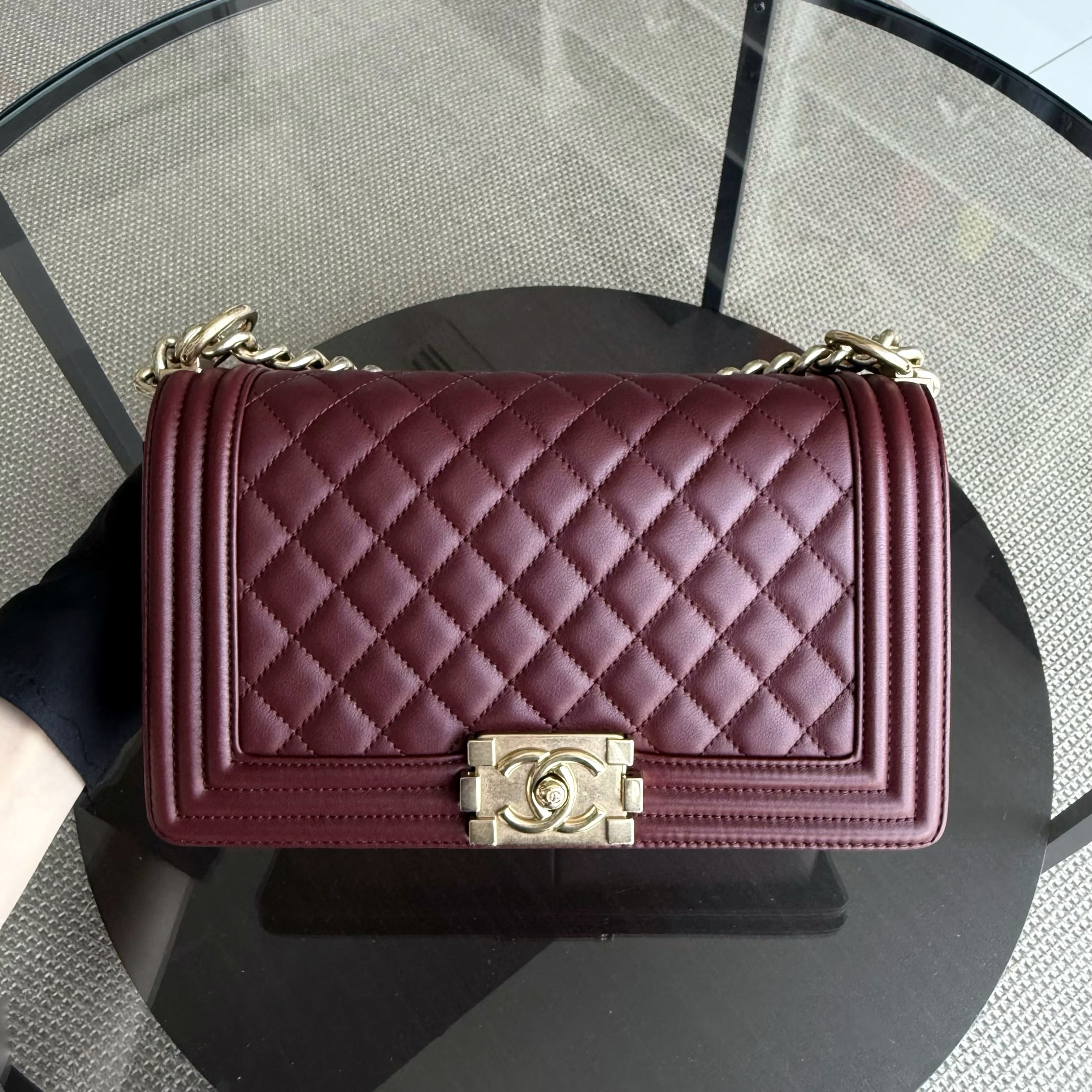 Chanel Boy Medium - 25CM Quilted Calfskin Burgundy Red Gold Hardware Series 23