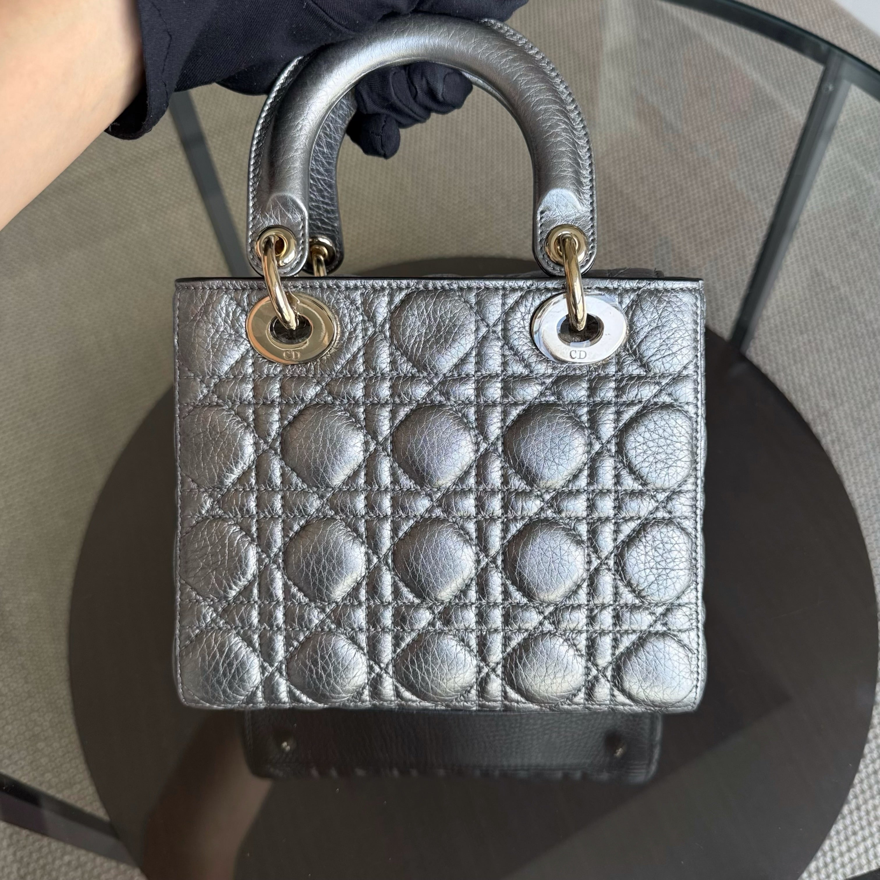 Dior Lady Small - Cannage Gray Calfskin Gold Hardware