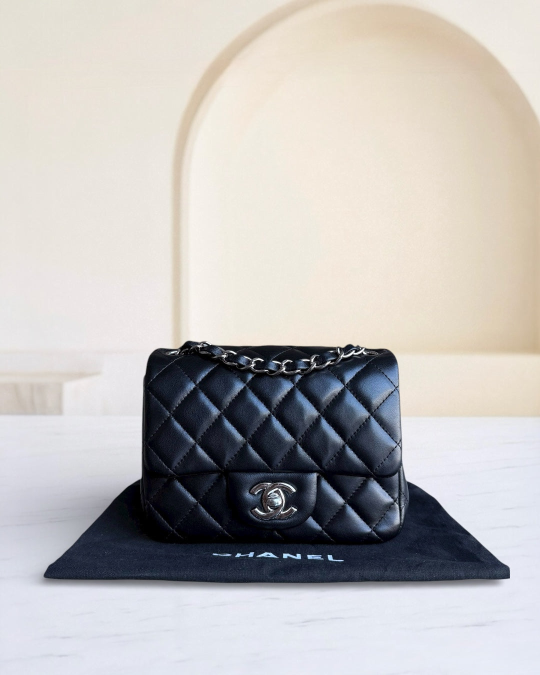 Chanel Classic Flap Mini Square - 17CM Quilted Lambskin Black Silver Hardware Series 19
