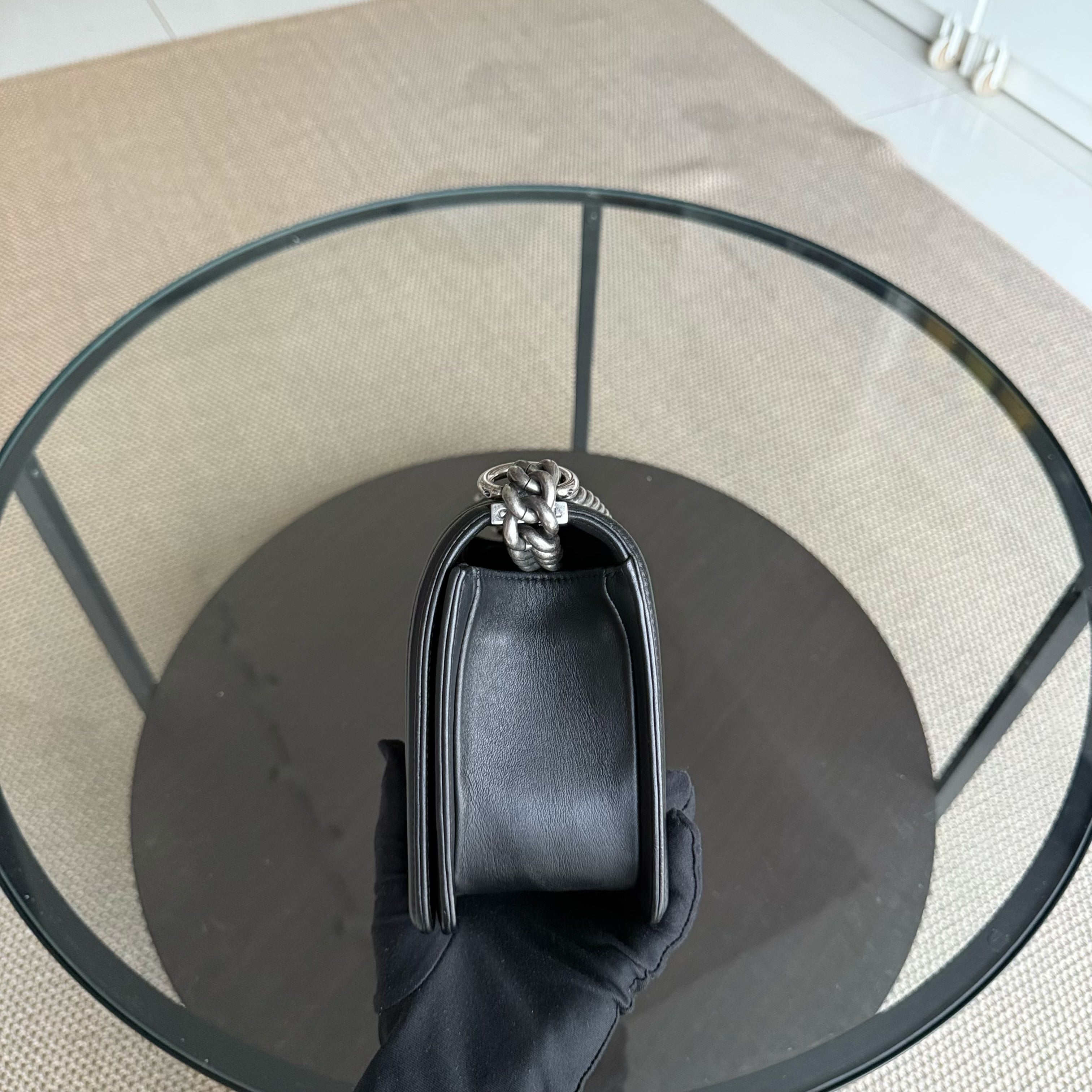 Chanel Boy Old Medium 25CM Quilted Lambskin Black Leboy Ruthenium Silver Hardware