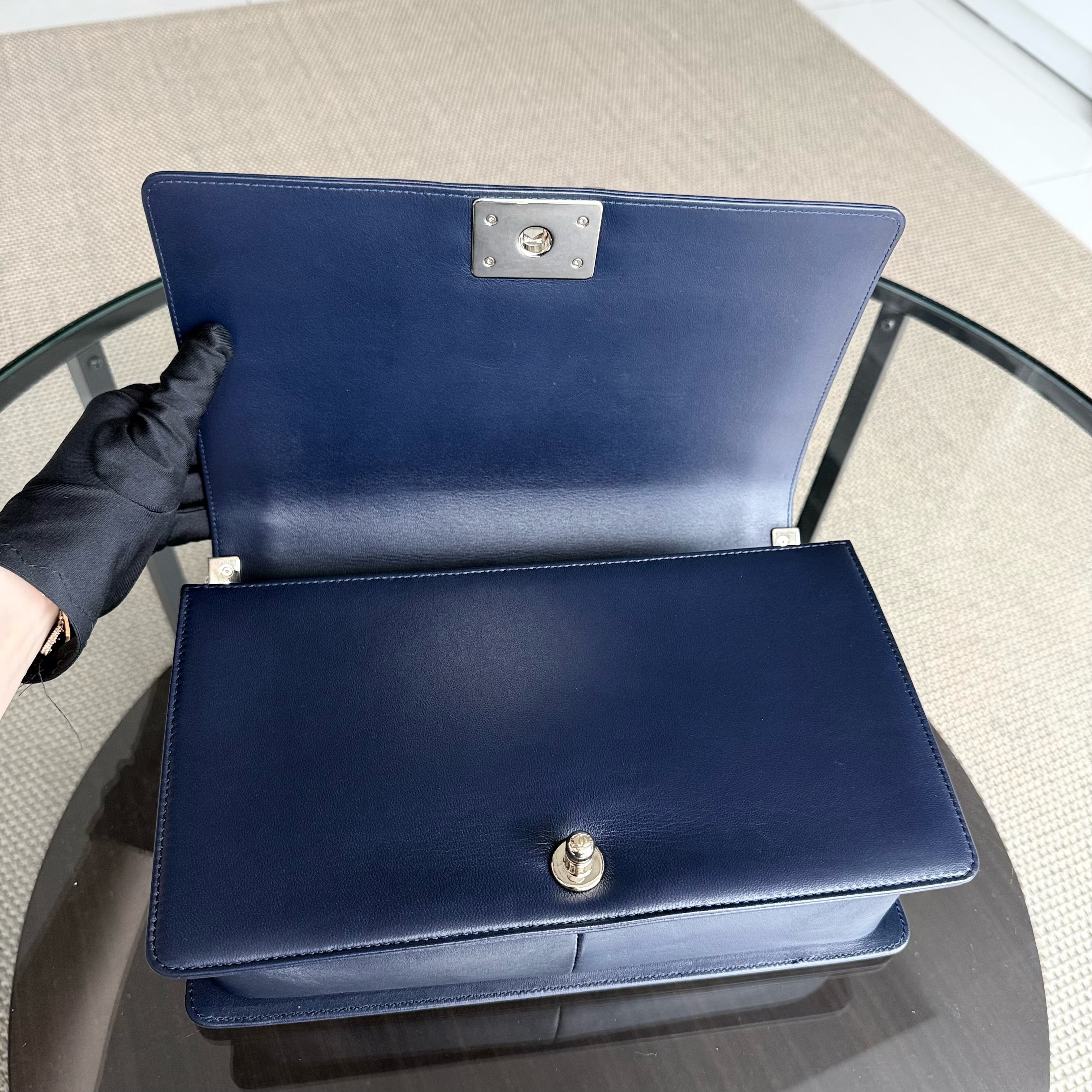 Chanel Boy New Medium - 28CM Quilted Lambskin Dark Blue Gold Hardware Series 22