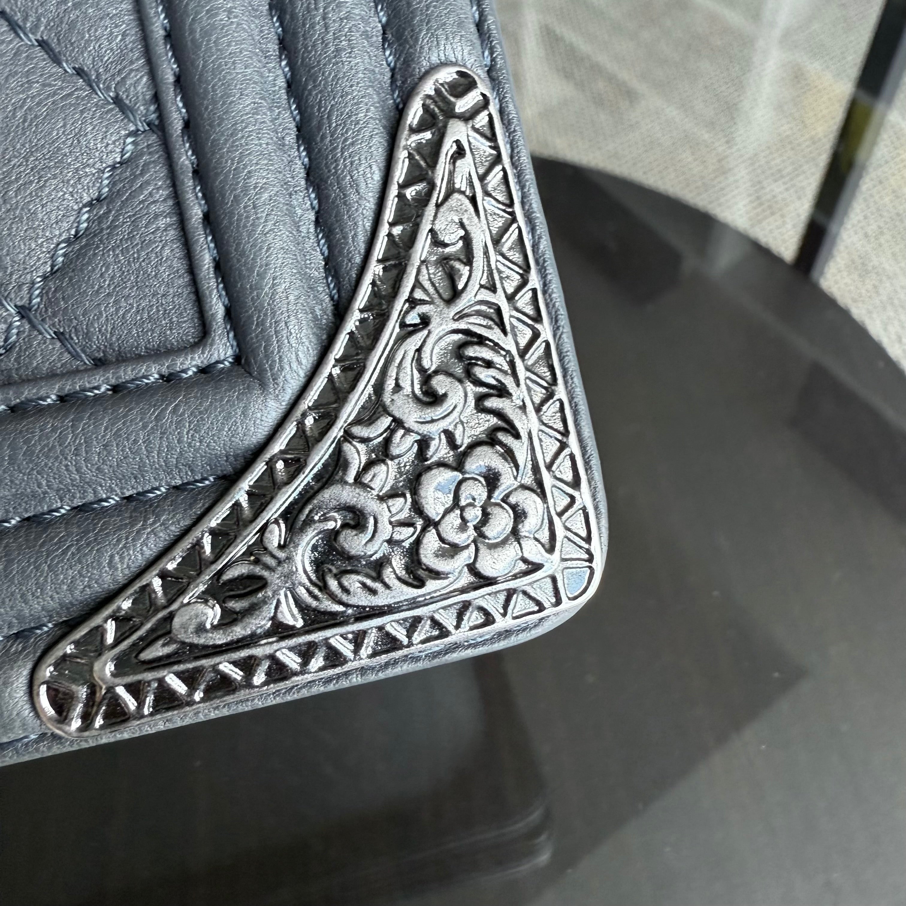 Chanel Boy Medium - 25CM Quilted Limited Edition Paris-Dallas Metal Edge Grained Calfskin Gray Silver Hardware Series 19