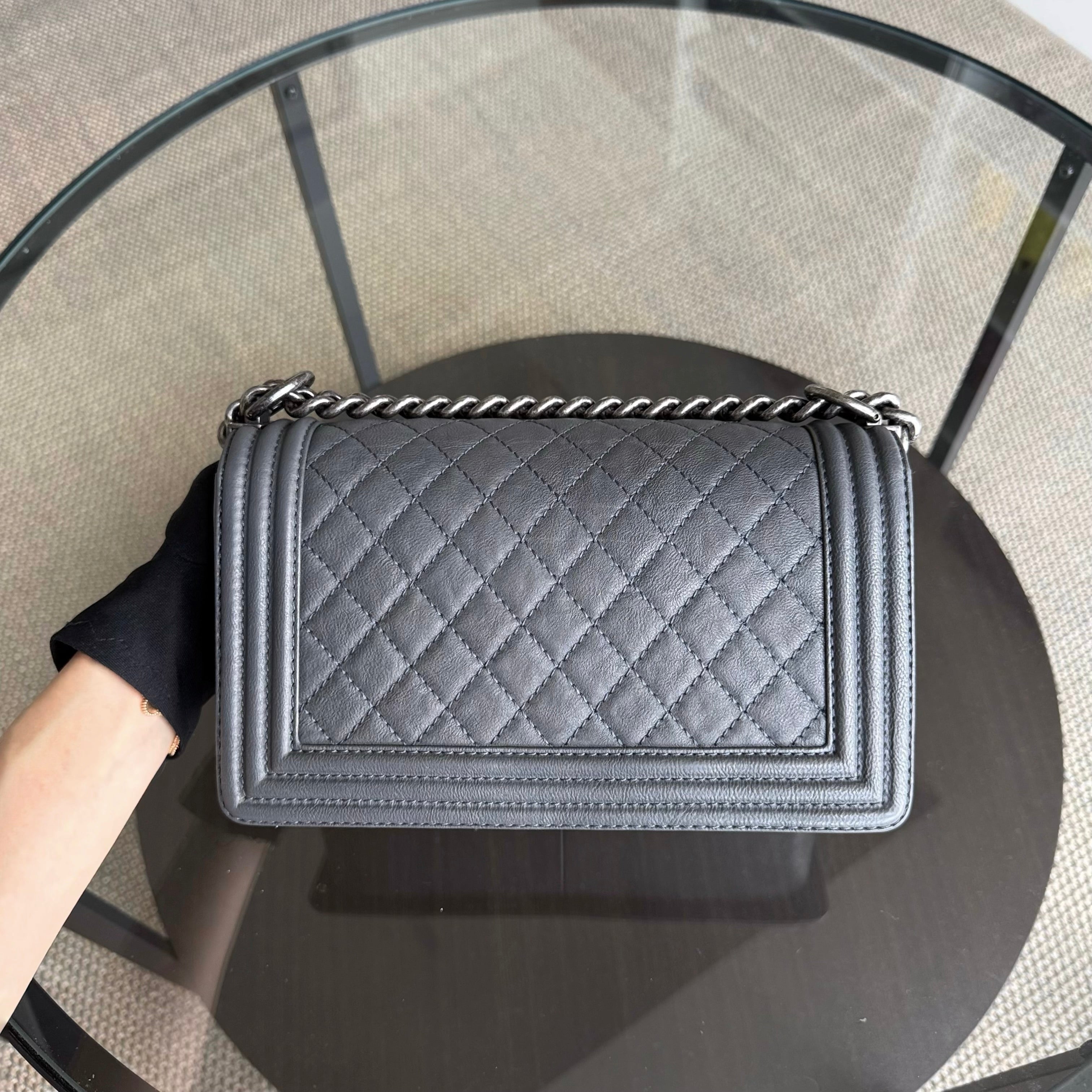 Chanel Boy Medium - 25CM Quilted Limited Edition Paris-Dallas Metal Edge Grained Calfskin Gray Silver Hardware Series 19