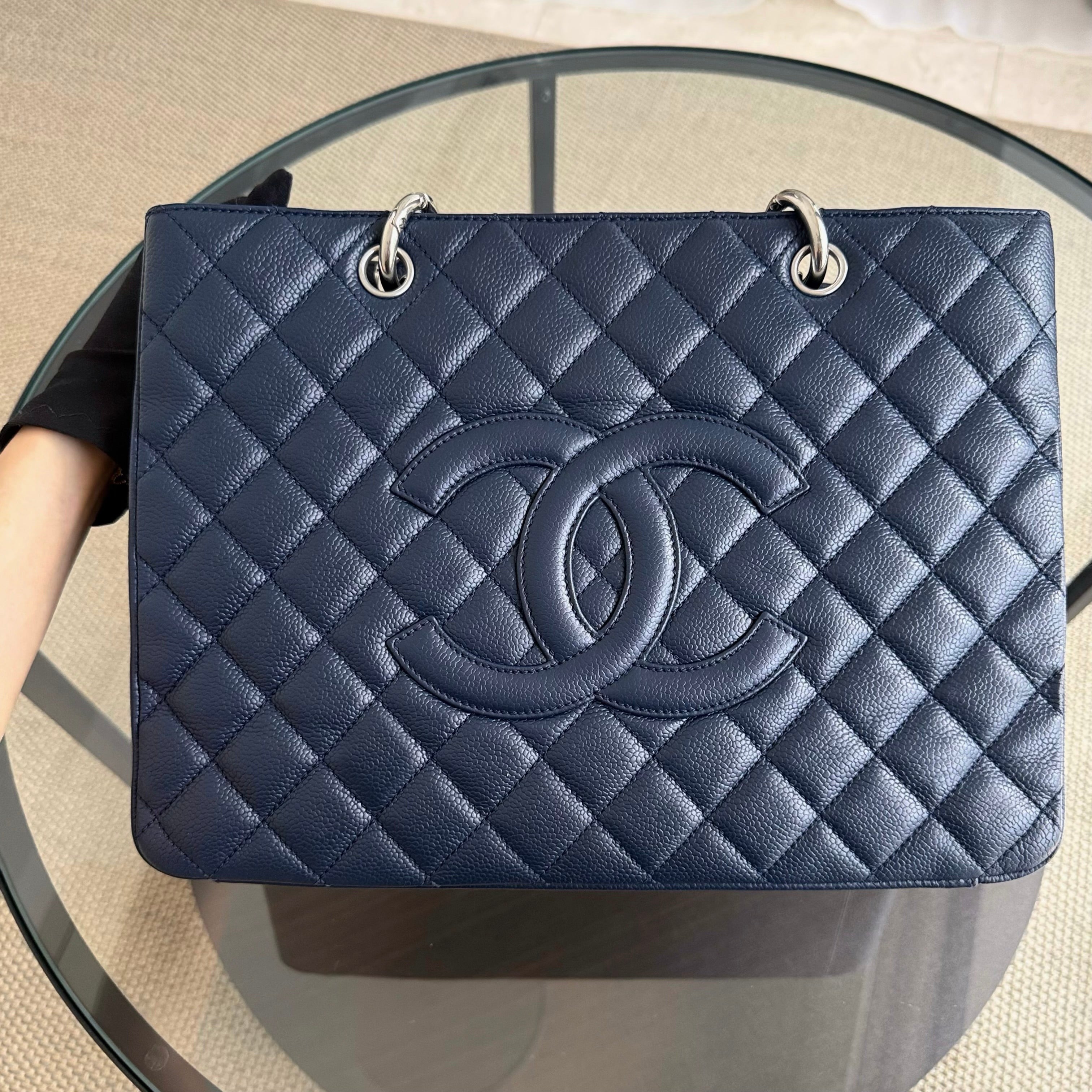 Chanel GST Grand Shopping Tote - Dark Blue Caviar Quilted Silver Hardware Series 13