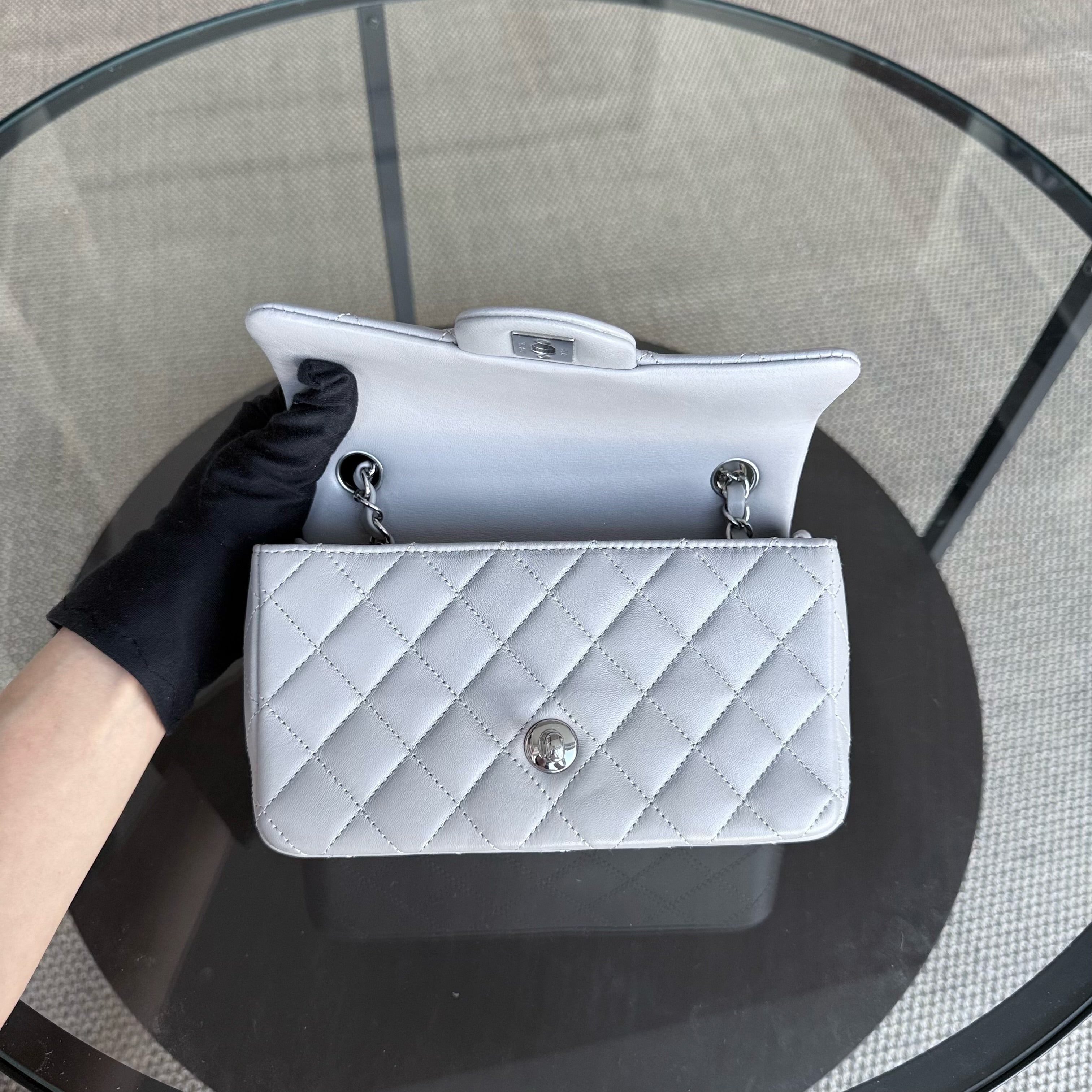 Chanel Lambskin Mini Rectangle Classic Flap - 20CM Quilted Gray Silver Hardware Microchip