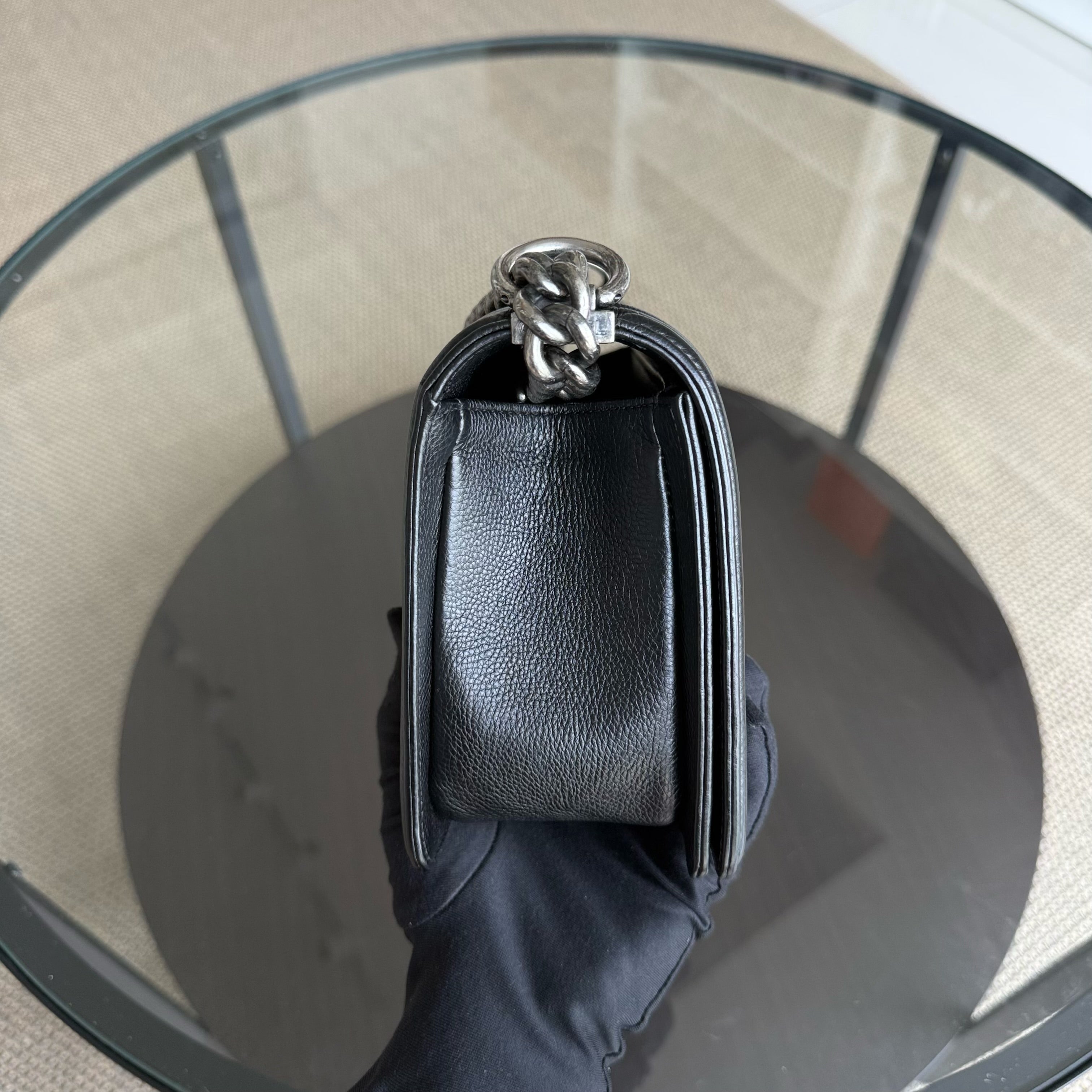 Chanel Boy Medium - 25CM Quilted Grained Calfskin Black Silver Hardware Series 23