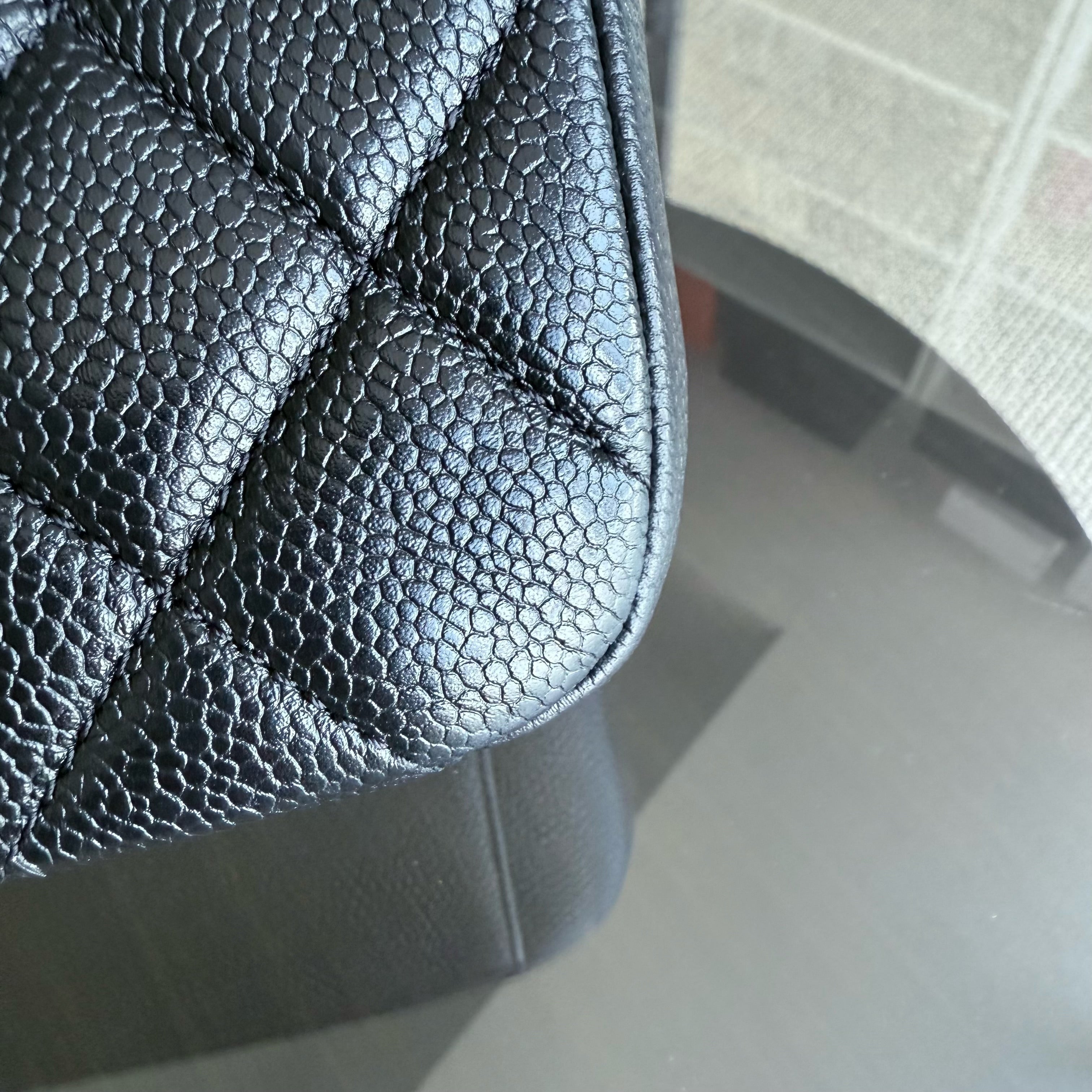 Chanel Seasonal Flap Bag - Caviar Quilted Medallion Soul Black Caviar Gold Hardware Microchip
